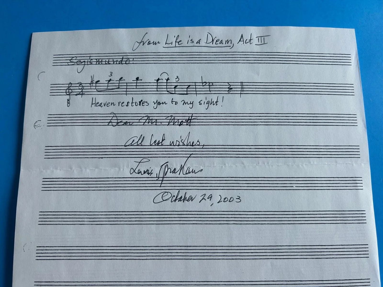 Lewis Spratlan (2000 Pulitzer Prize in Music) Hand Signed Musical Quotatiion, image 2