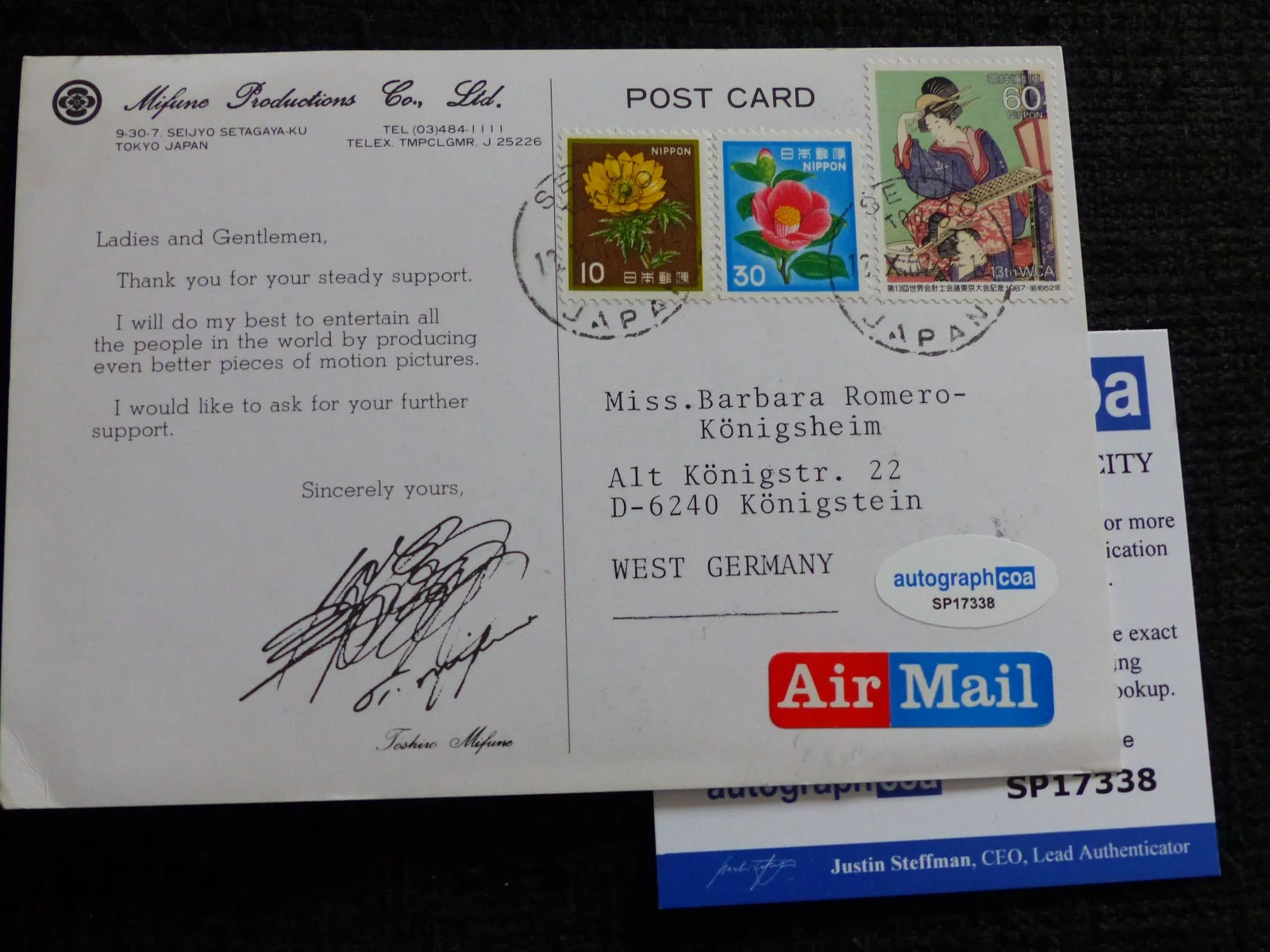 TOSHIRO MIFUNE — TOSHIRO MIFUNE signed Autograph 4x6 autographed Autographcard ACOA COA, изображение 2