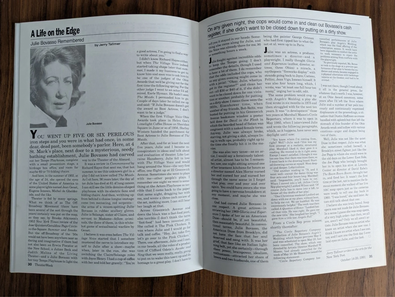 Theater Week Magazine October 14 1991. Great Scott! Julie Bovasso obituary, image 3