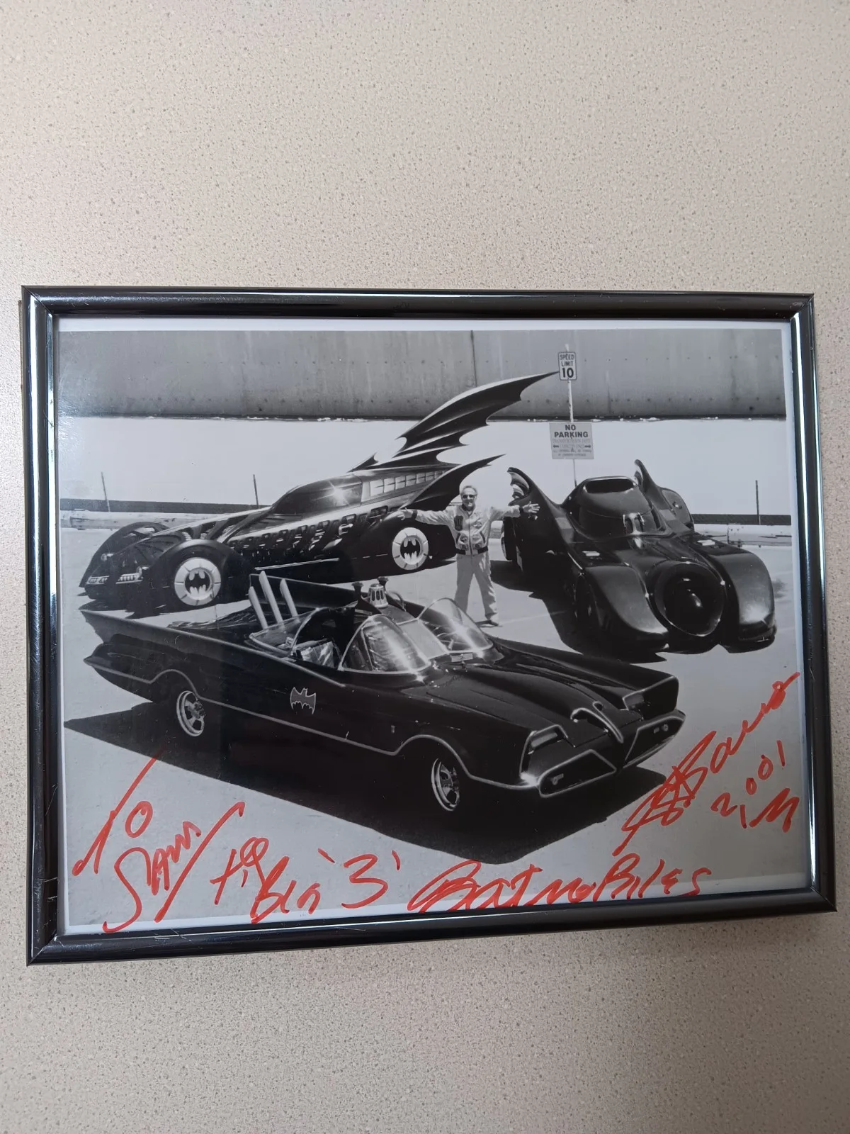 George Barris — George Barris Signed Autographed Black/White 8x10 Photo All 3 Batmobiles Framed