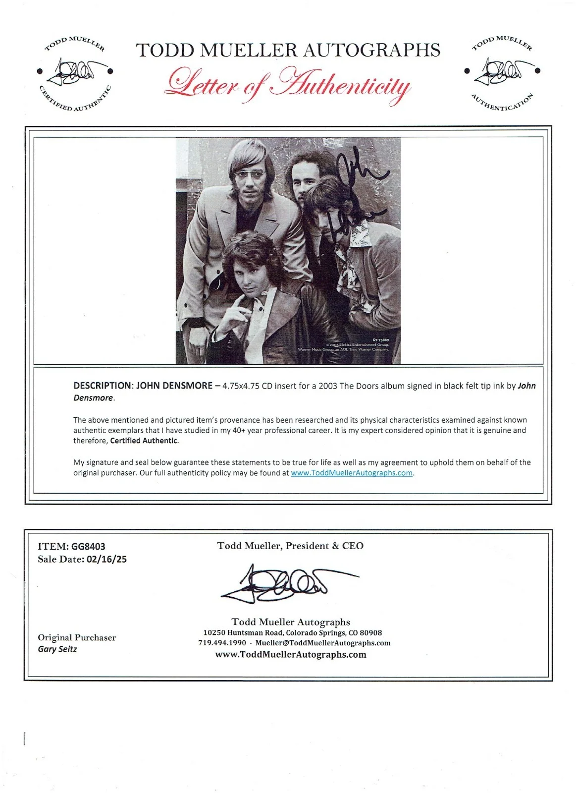 JOHN DENSMORE — SIGNED JOHN DENSMORE THE DOORS 2003 CD INSERT PAMPHLET 24 PAGES (TODD MUELLER), image 2