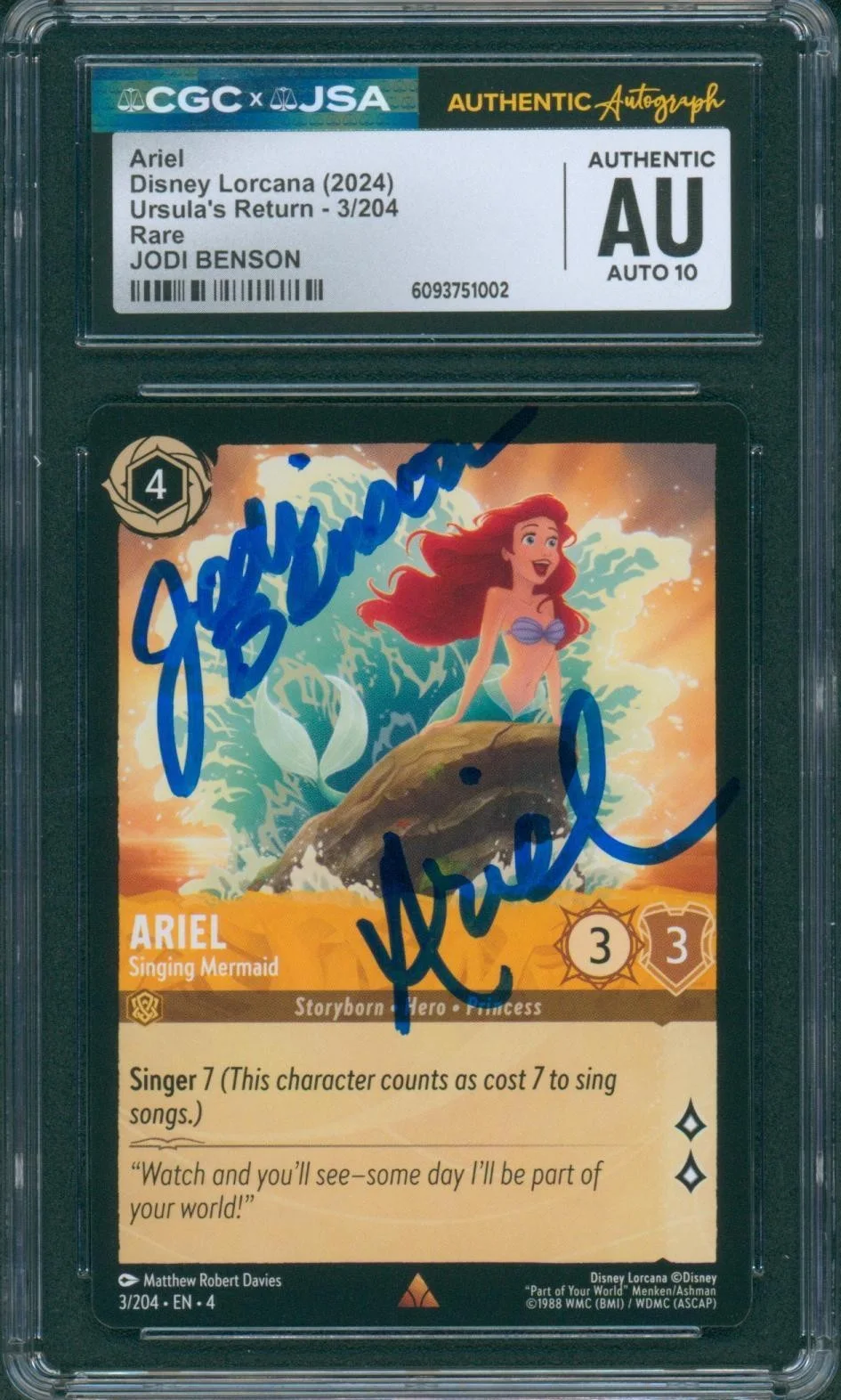 Jodi Benson — Jodi Benson Signed Ariel Card Lorcana Ursula's Return Autograph CGC x JSA SLAB