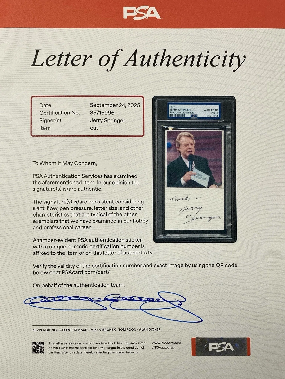 Jerry Springer Signed 7x4 Encapsulated Piece - PSA LOA, image 4