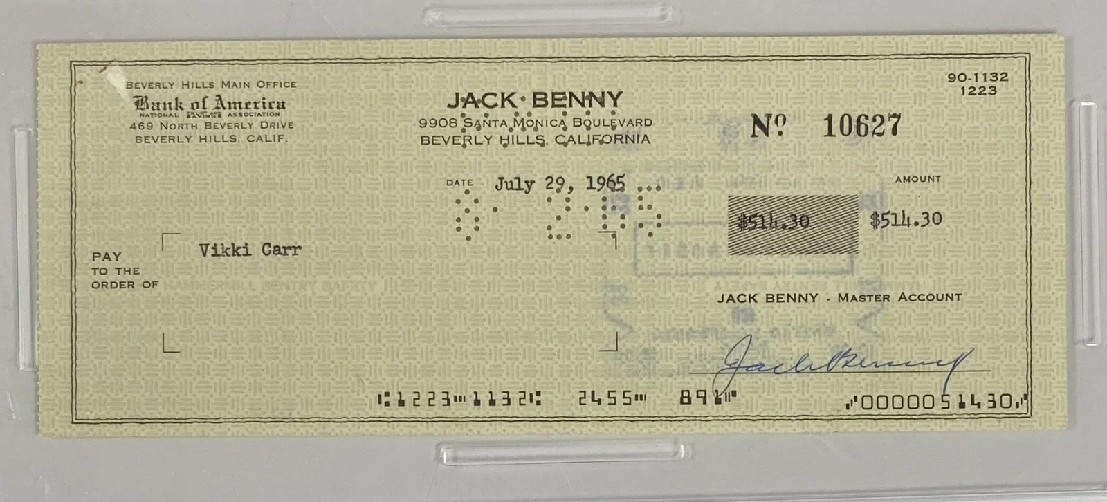Jack Benny — Jack Benny Signed 1965 Check to Vikki Carr – PSA Gem Mint 10, image 3