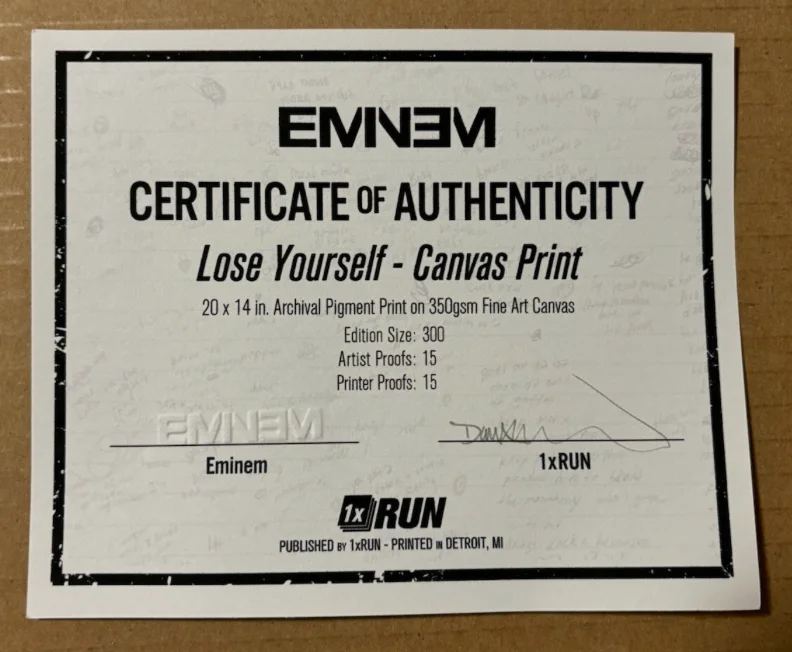 Eminem 8 Mile Lose Yourself Lyrics Signed Canvas 256/300 Auto New In Box COA, image 4