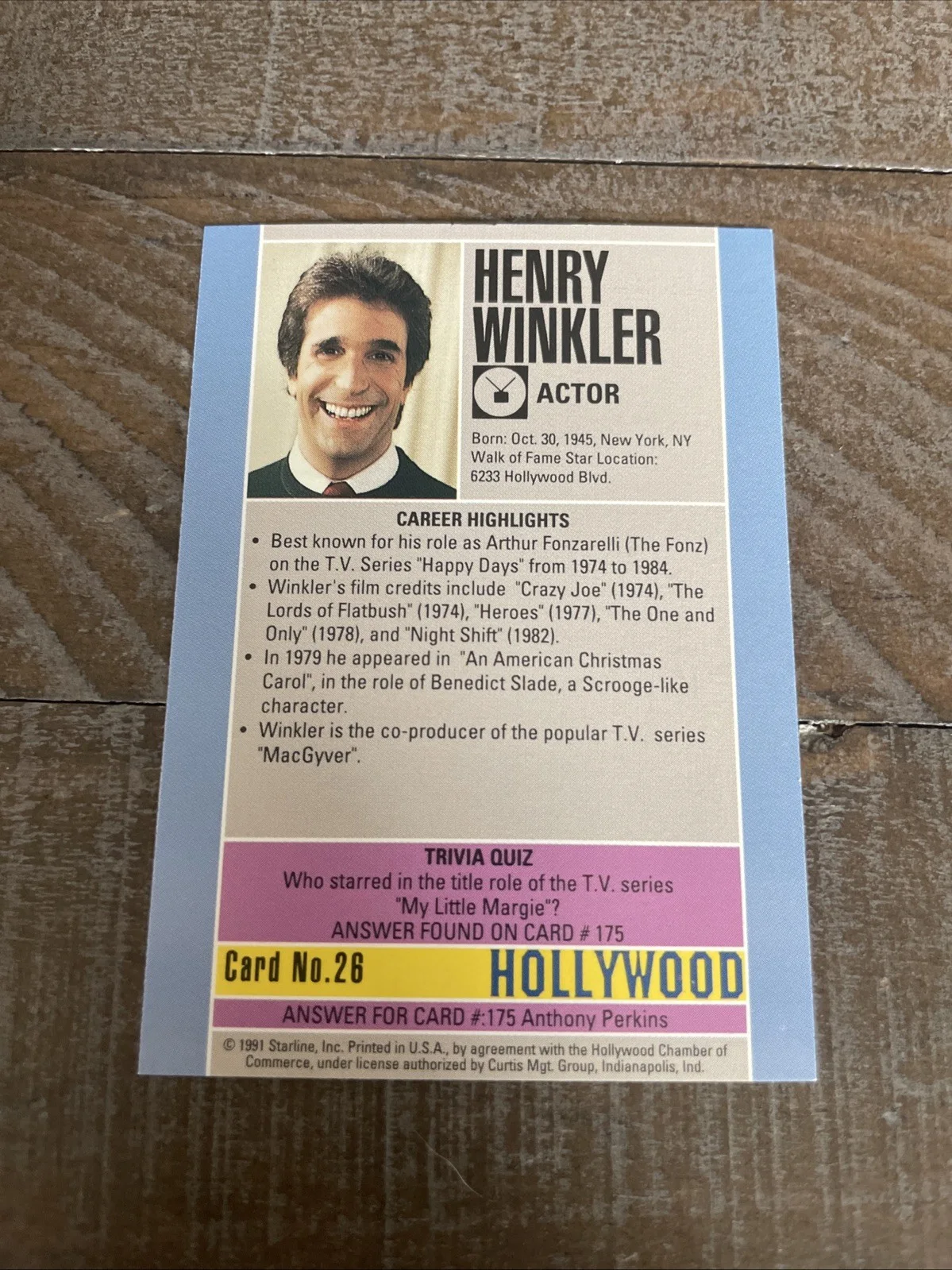 Henry Winkler — Henry Winkler Signed Autographed 1991 Hollywood Walk Of Fame Card #26 No COA, изображение 2