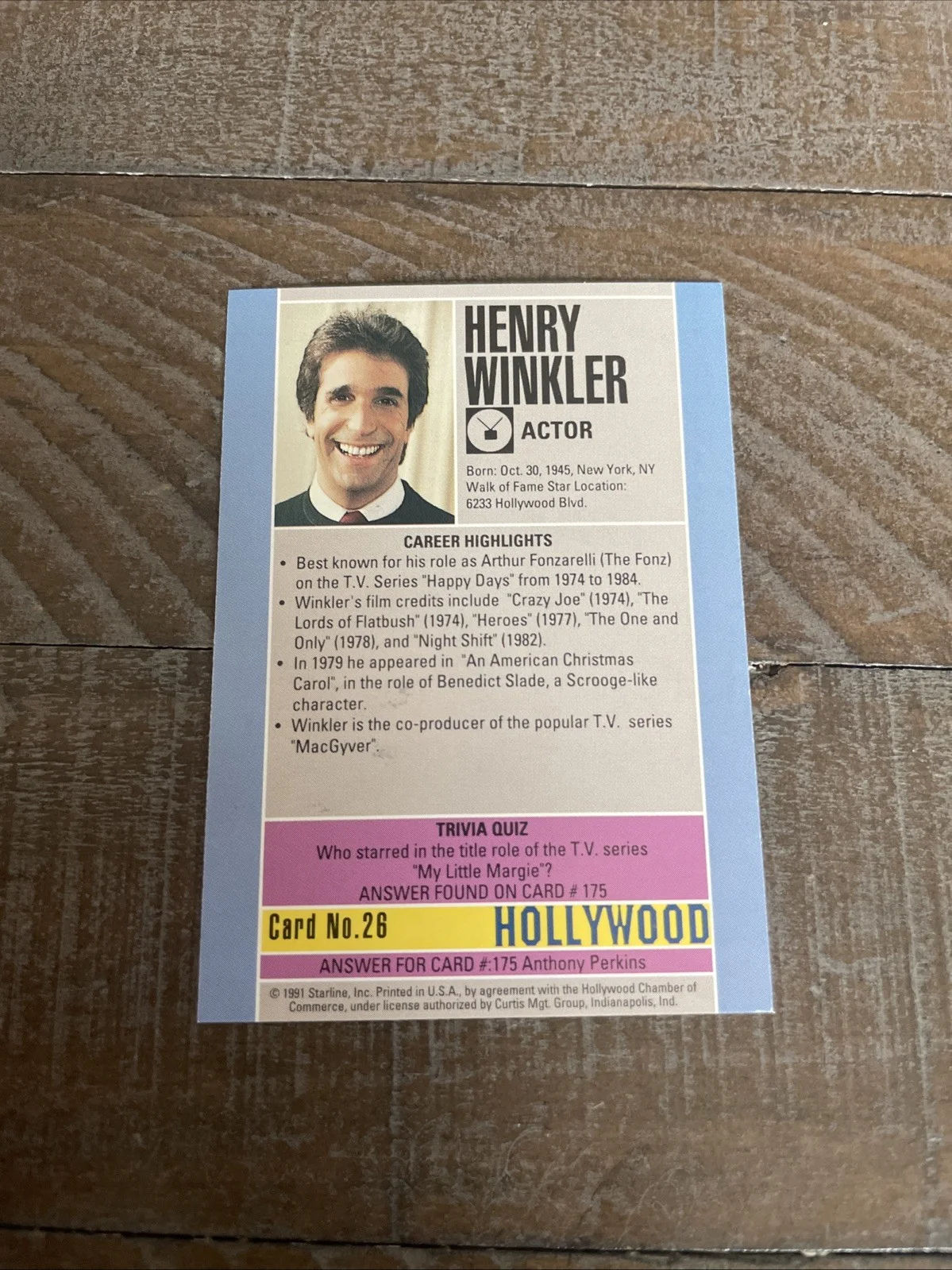 Henry Winkler — Henry Winkler Signed Autographed 1991 Hollywood Walk Of Fame Card #26 No COA, изображение 2