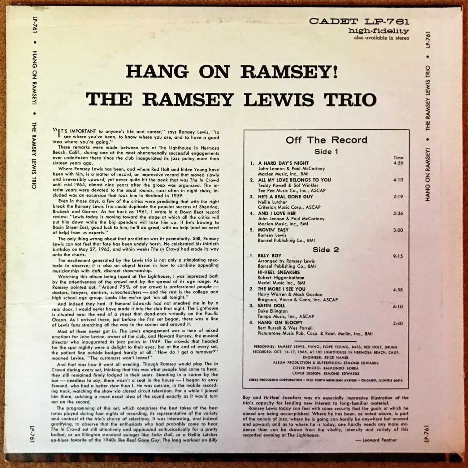 RAMSEY LEWIS — SIGNED RAMSEY LEWIS TRIO ALBUM COVER" HANG ON RAMSEY" - DECEASED, image 3