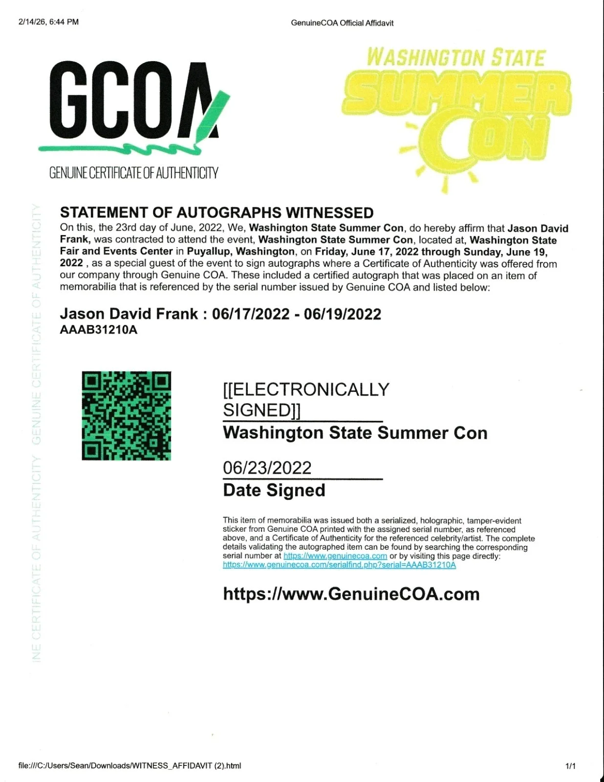 Jason David Frank — Jason David Frank MMA GR WR 8x10 autograph - Green Ink - CoA - Bonus WR Print, изображение 3