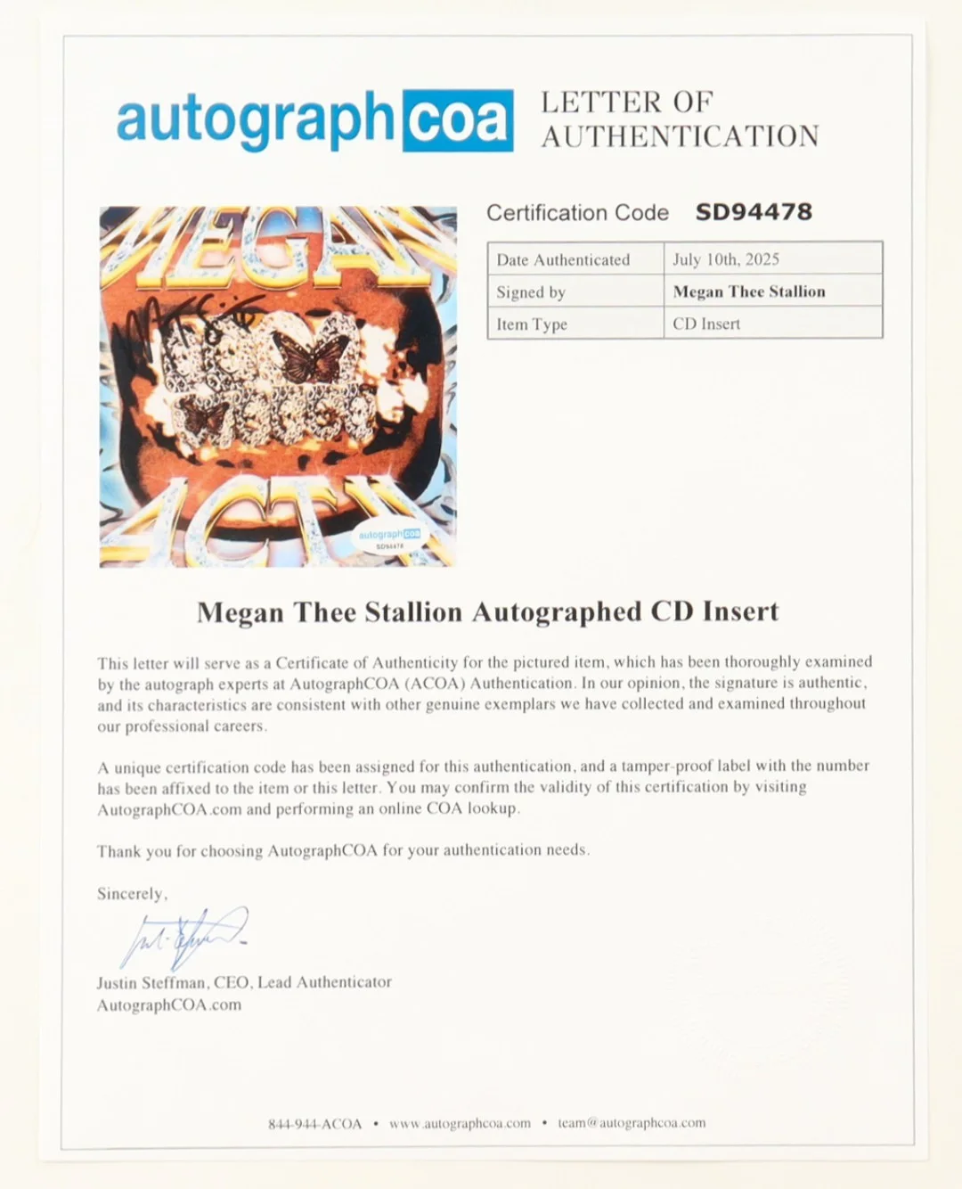 Megan Thee Stallion Autographed Framed CD Insert w/ COA & CD, image 2