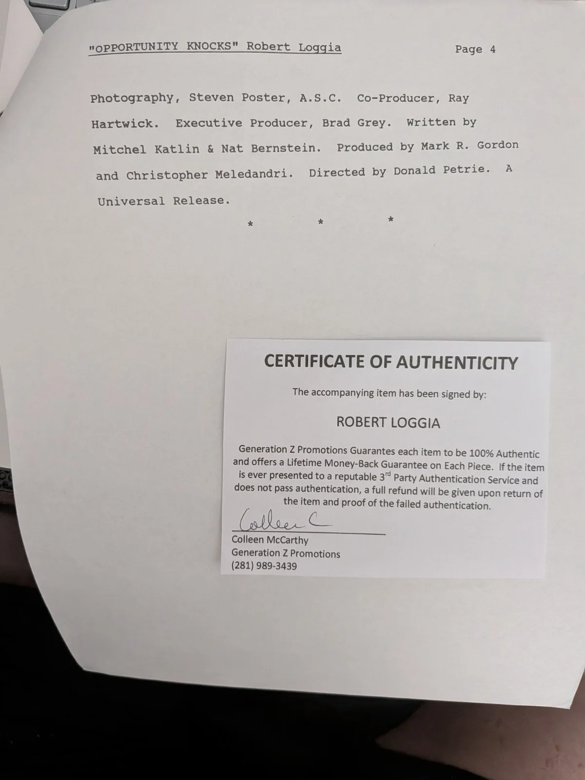 Robert Loggia — ROBERT LOGGIA Signed Press Release, image 4