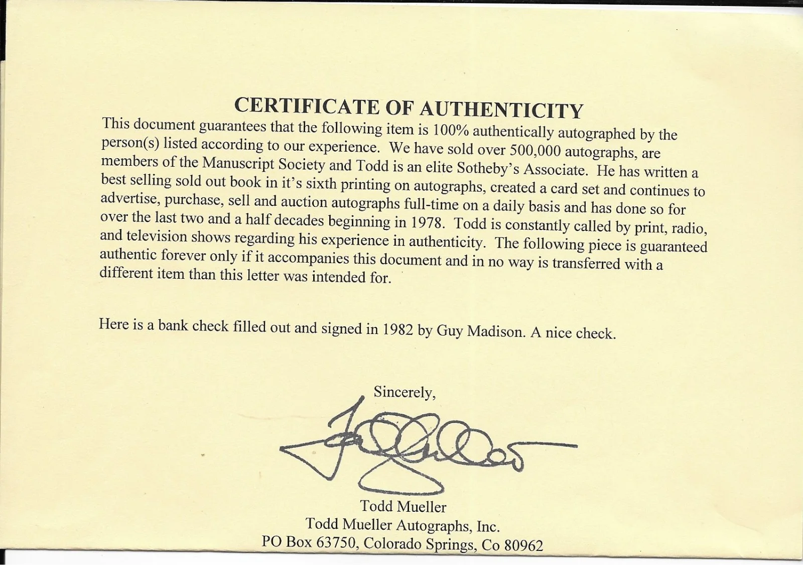 Guy Madison — Guy Madison signed check with COA, изображение 2
