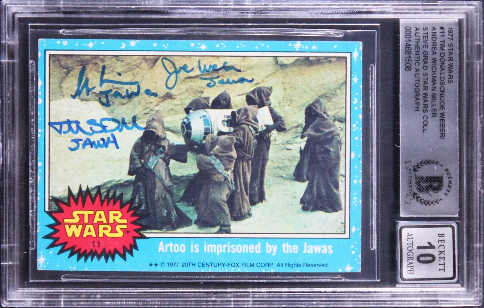 Tim Donaldson, Joe Weber & Andrea Wickman Miller — (3) Donaldson +2 "Jawa" Signed 1977 Star Wars #11 Card Auto 10! BAS Slabbed
