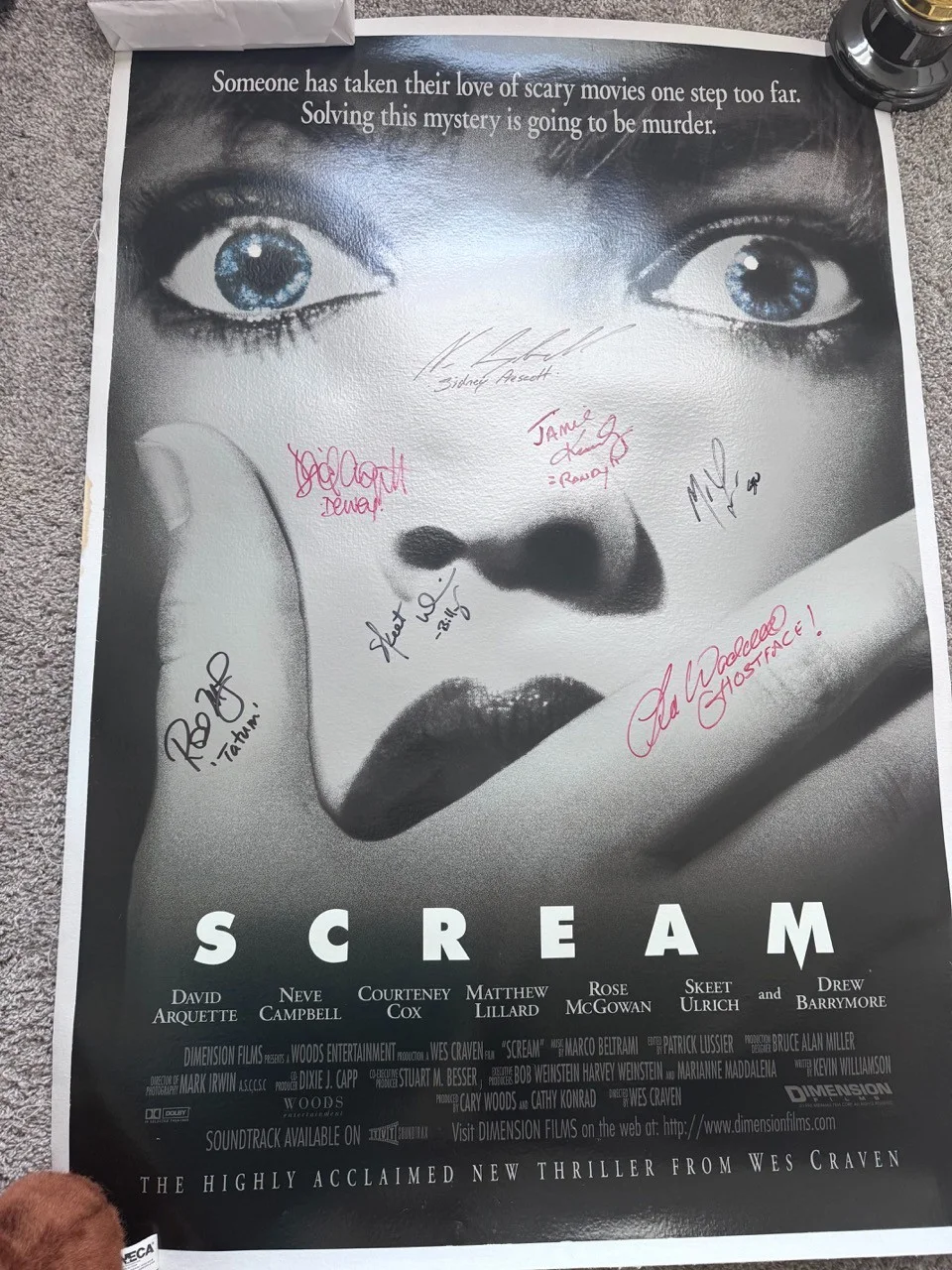 Neve Campbell, Skeet Ulrich, Matthew Lillard, David Arquette — SCREAM 1996 Full theatrical movie poster signed with JSA Full Letter - Linenback