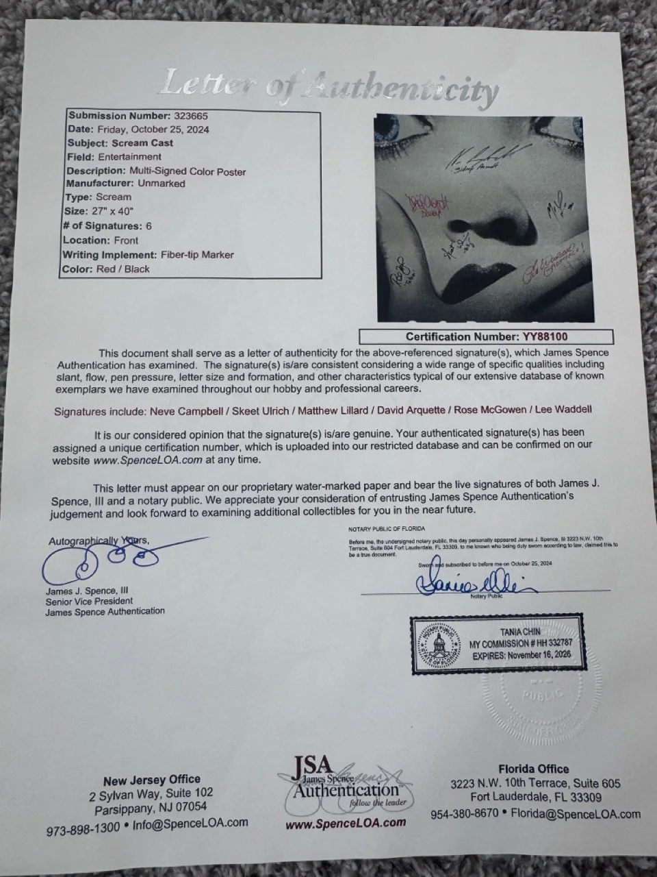 Neve Campbell, Skeet Ulrich, Matthew Lillard, David Arquette — SCREAM 1996 Full theatrical movie poster signed with JSA Full Letter - Linenback, image 3