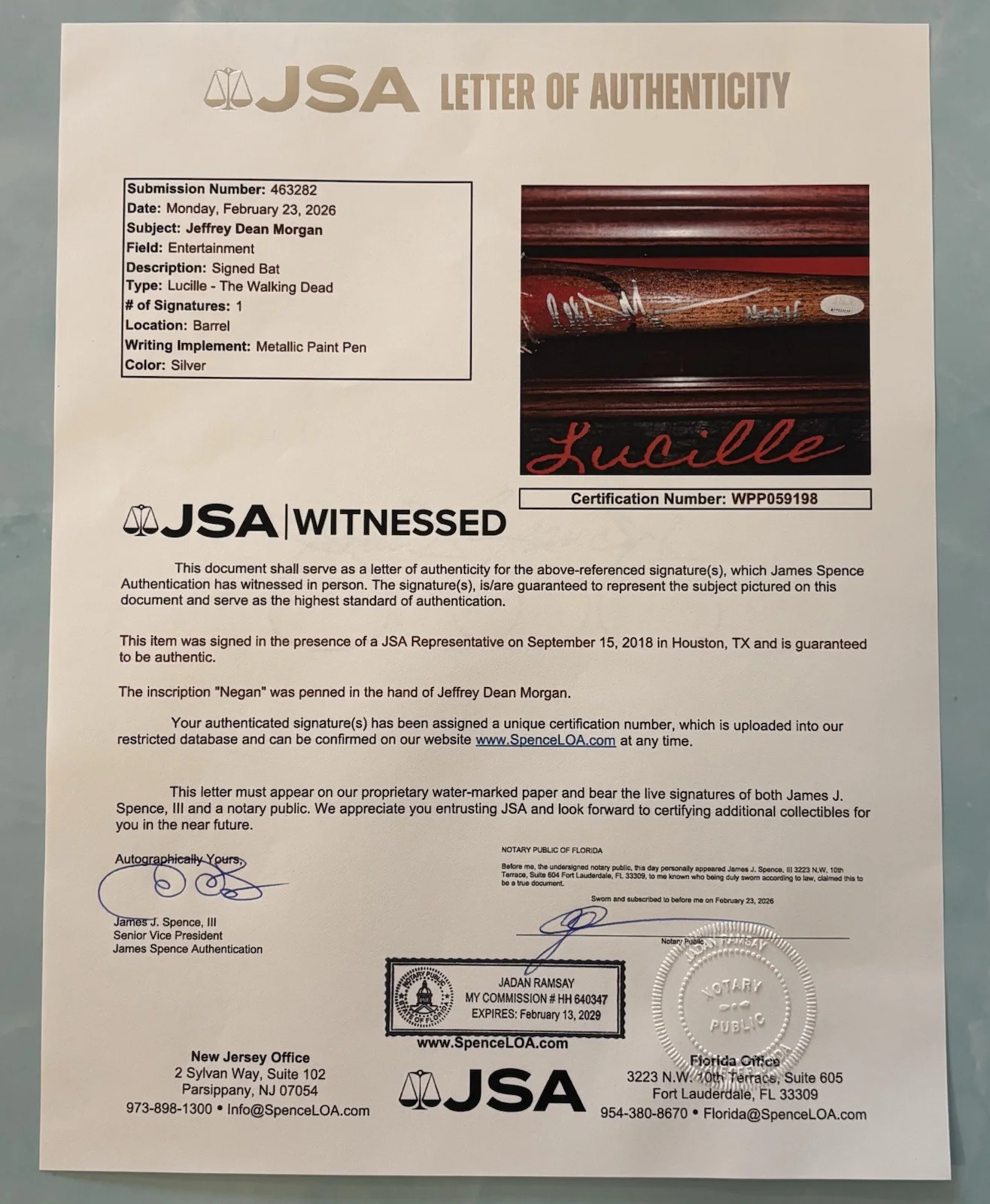 The Walking Dead “Lucille” Bat Autographed By Jeffrey Dean Morgan. JSA Cert, image 3