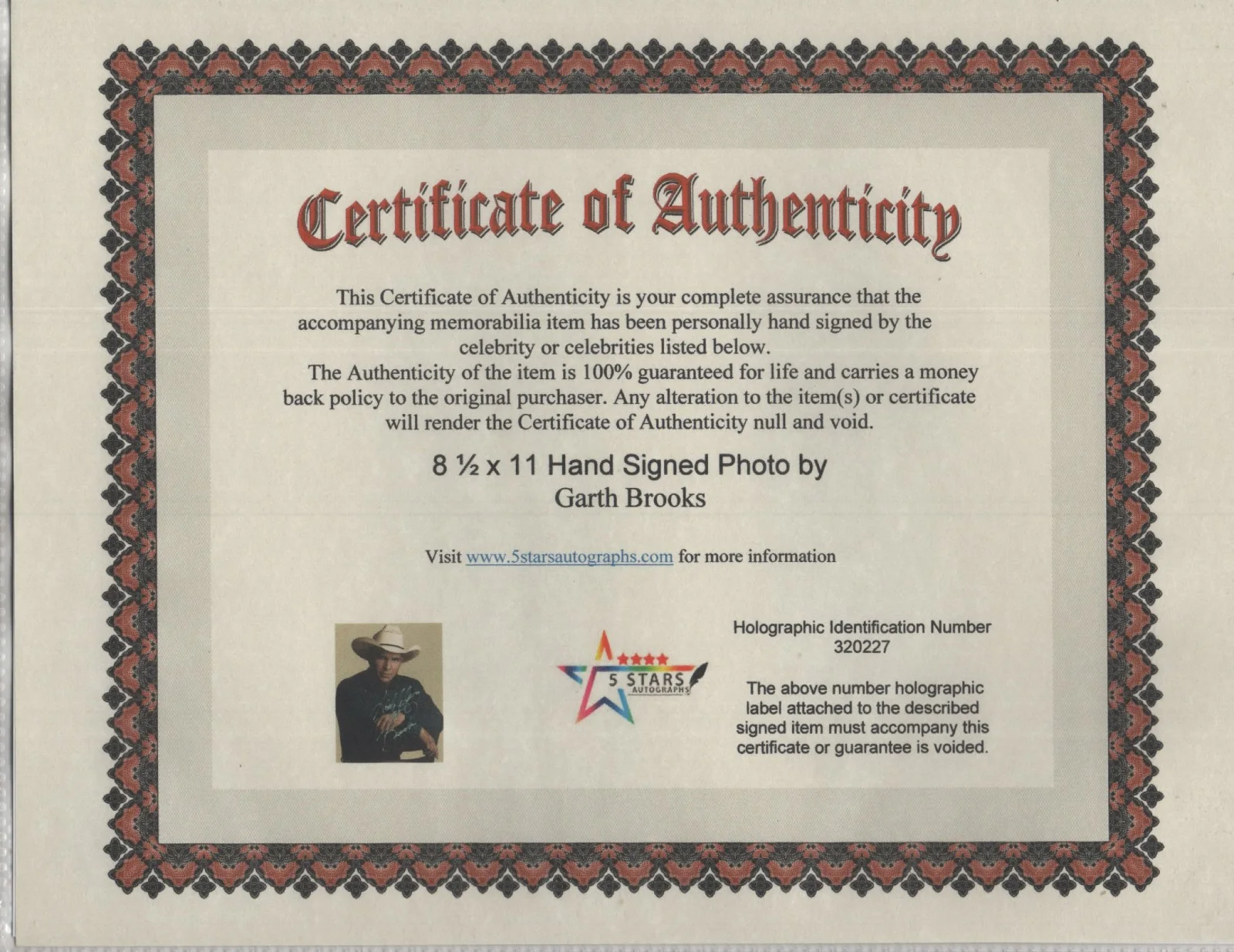 GARTH BROOKS HAND SIGNED 8 1/2 X 11 PHOTO / COA, image 2