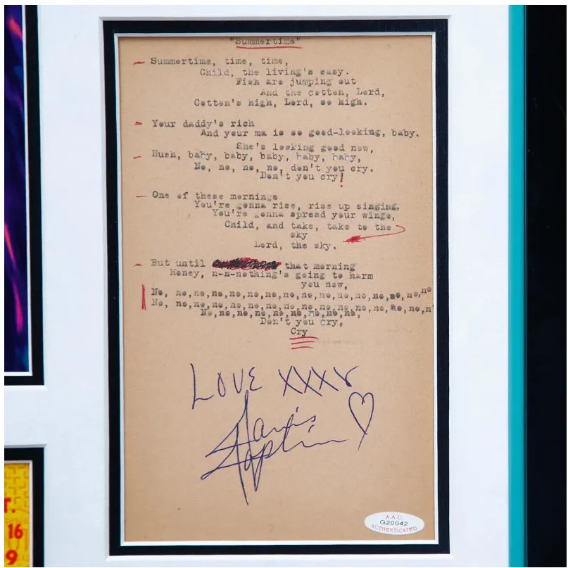 Janis Joplin — Janis Joplin "Summertime" Lyrics Signed Autograph + Museum Quality Framing, image 2