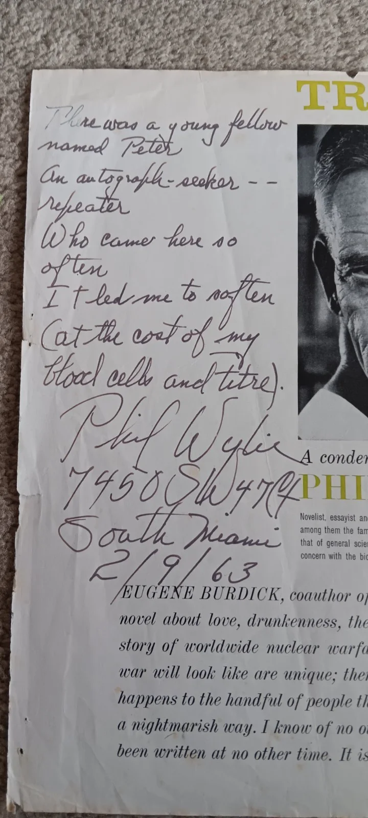 Philip Wylie Signed Original Poem, Extremely Rare! 1963 Magazine Page, image 2