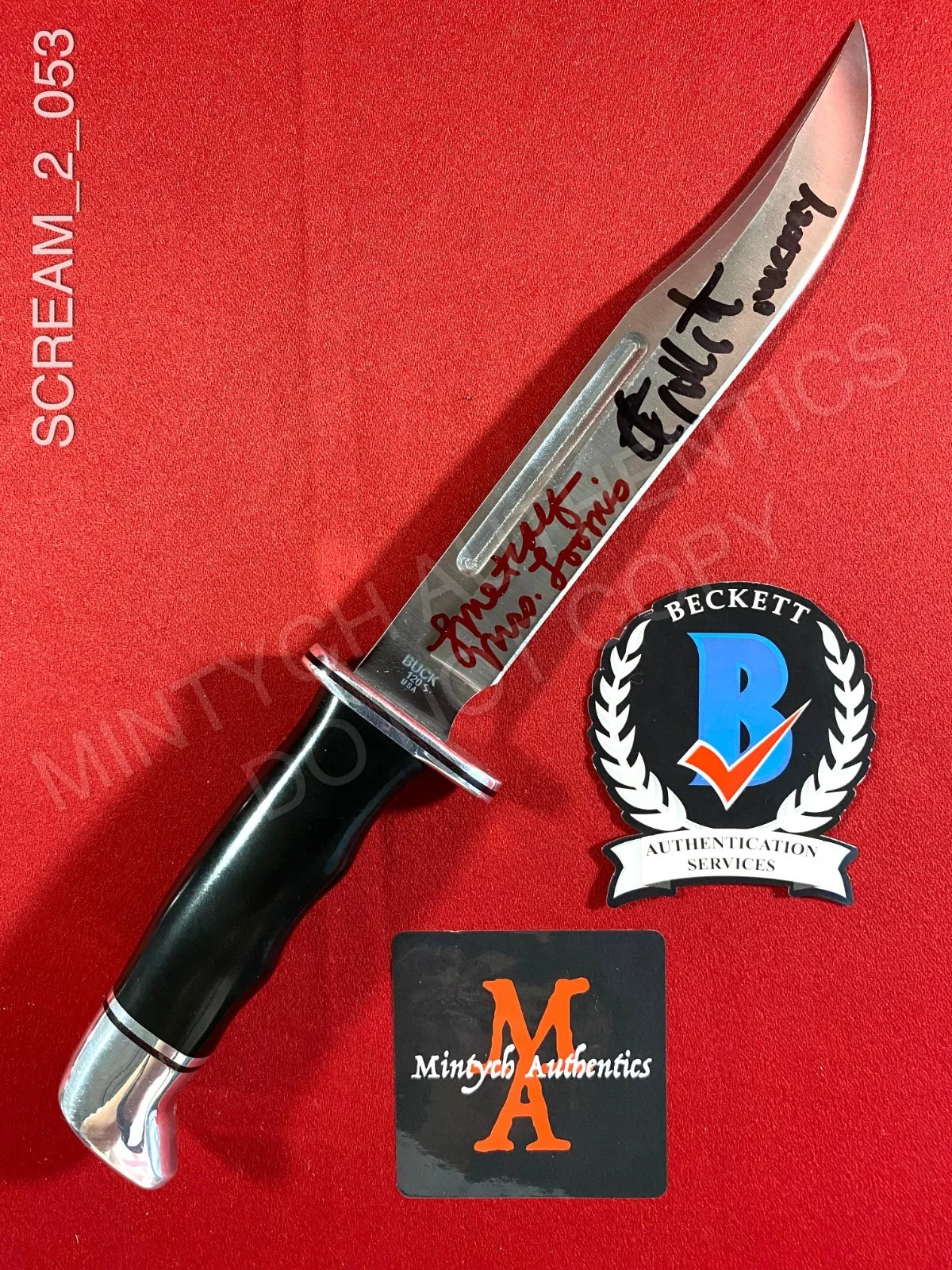 Timothy Olyphant, Laurie Metcalf — Timothy Olyphant Laurie Metcalf dual signed Buck 120 knife Scream 2 Beckett COA
