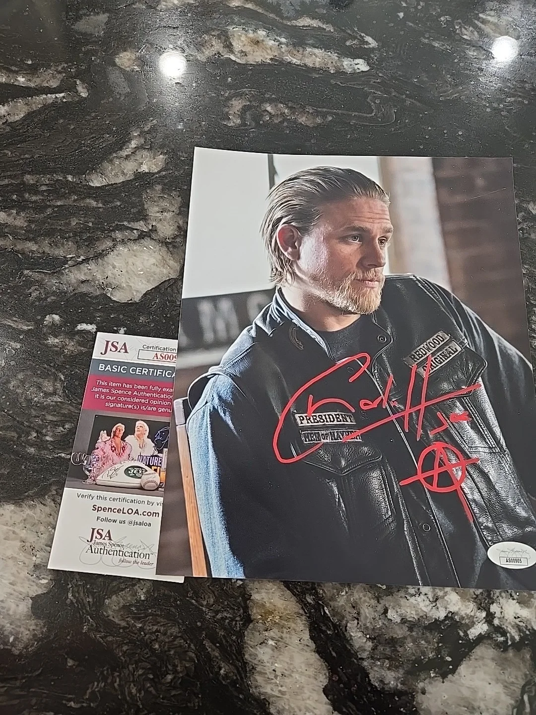 Charlie Hunnam — Charlie Hunnam Autographed 8x10-JSA COA Inscribed With Sons of Anarchy BadgPhoto