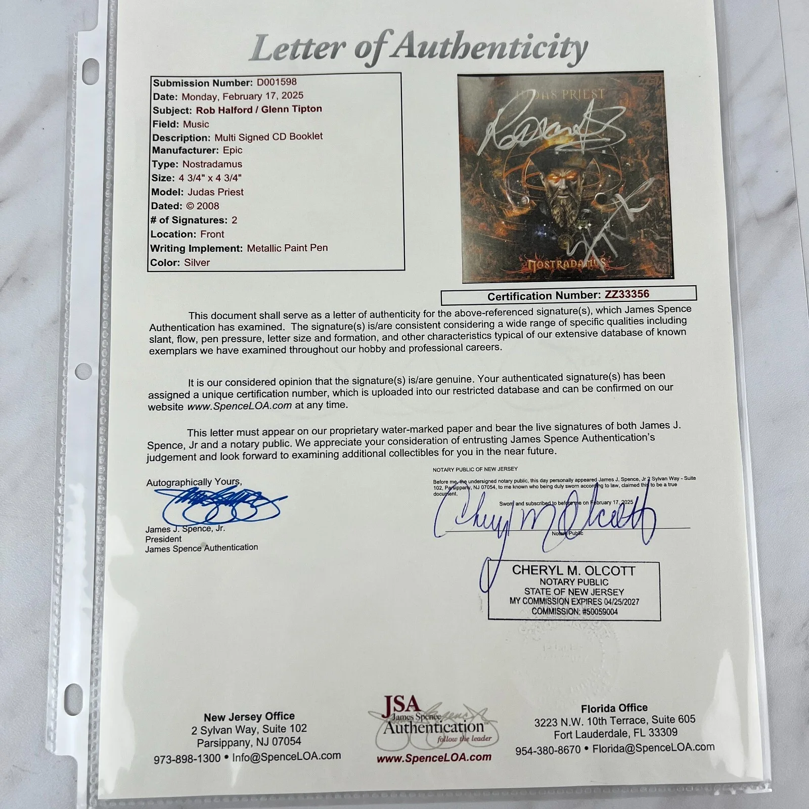 Judas Priest Nostradamus Signed CD Slip Cover [Rob Halford & Glenn Tipton] JSA, изображение 5