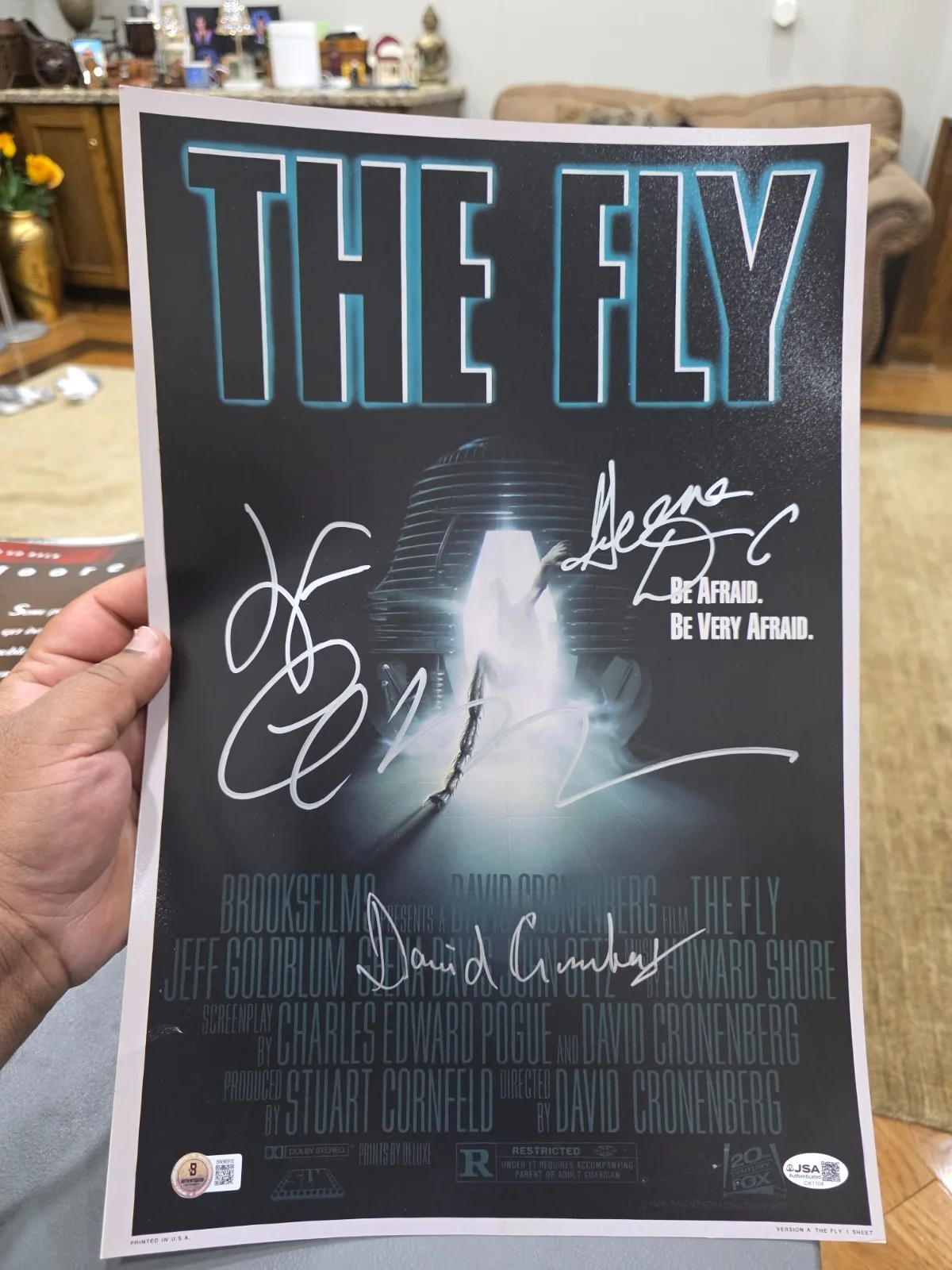 David Cronenberg Jeff Goldblum Geena Davis — The Fly Jeff Goldblum Geena Davis David Cronenberg Signed 12x18 Photo BAS jsa