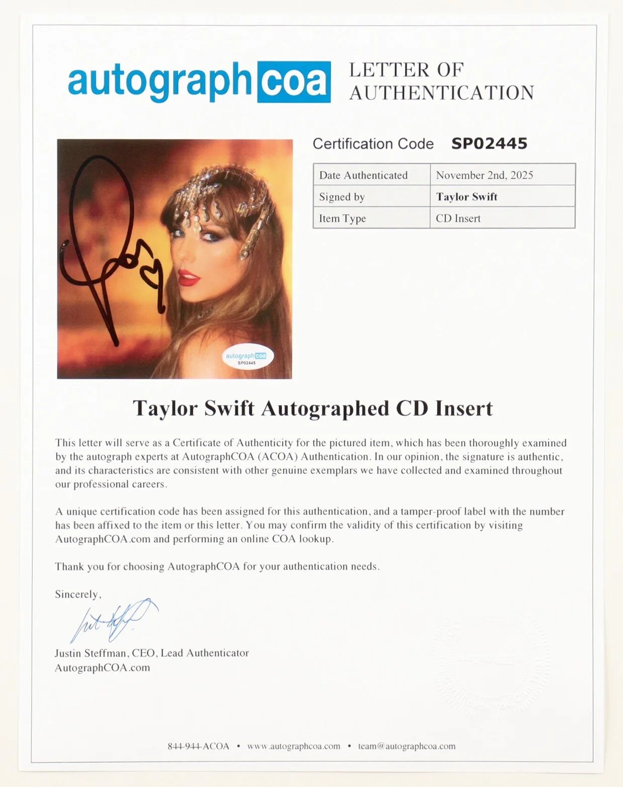 Taylor Swift Signed Custom Framed Life of a Showgirl CD Insert Display – JSA Cer, изображение 3