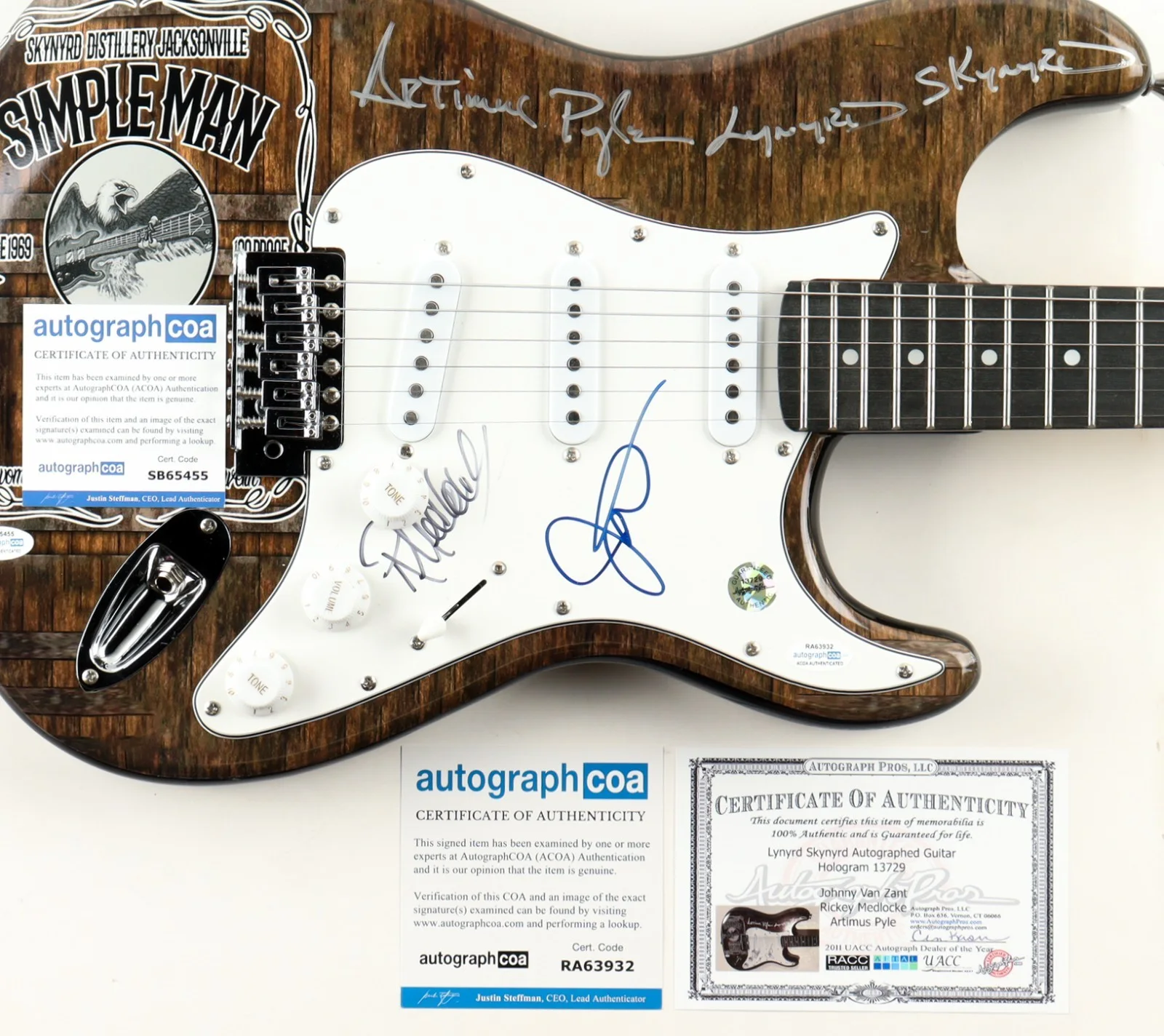 Johnny Van Zant, Rickey Medlocke & Artimus Pyle Signed Custom Guitar (ACOA), изображение 3