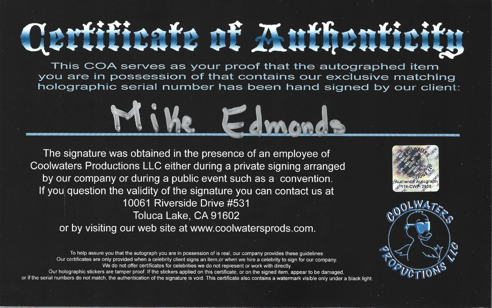 Mike Edmonds — Mike Edmonds Signed Officially Licensed Star Wars 8x10 Photo Autograph, image 3