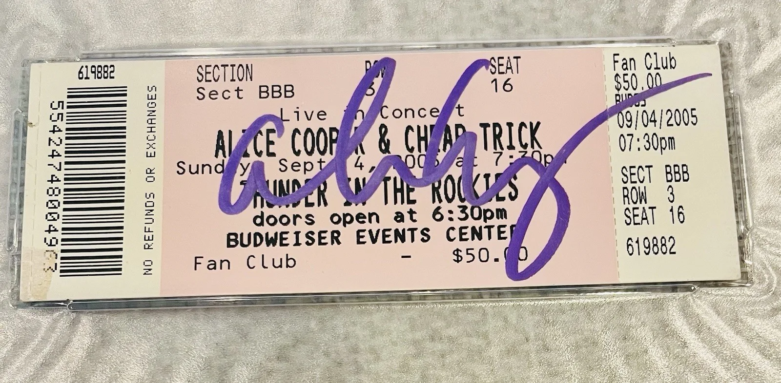 Alice Cooper Large BOLD Purple Signed Full 2005 Ticket PSA/DNA Nice!, image 2