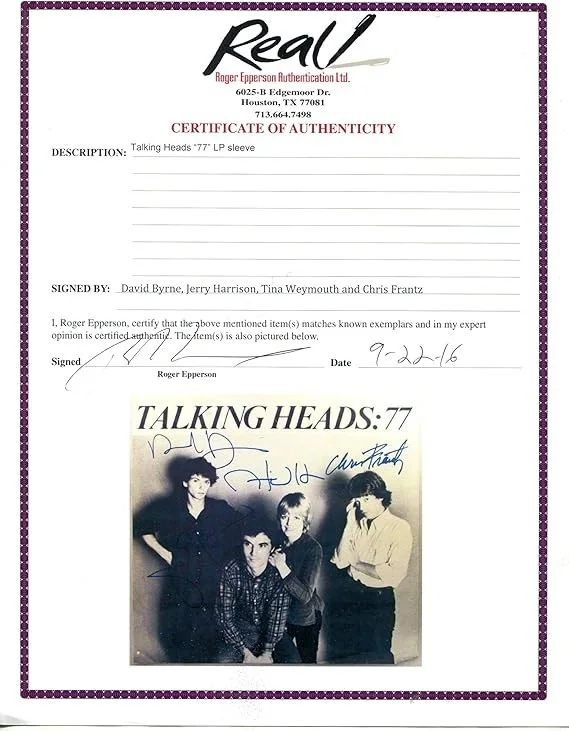 Talking Heads — * THE TALKING HEADS * signed 24x24 record sleeve display by all 4 / Epperson LOA, image 4