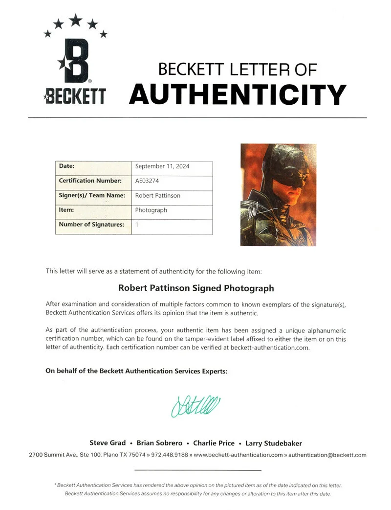 ROBERT PATTINSON SIGNED AUTOGRAPHED 11x14 PHOTO THE BATMAN RARE BECKETT BAS LOA, изображение 3