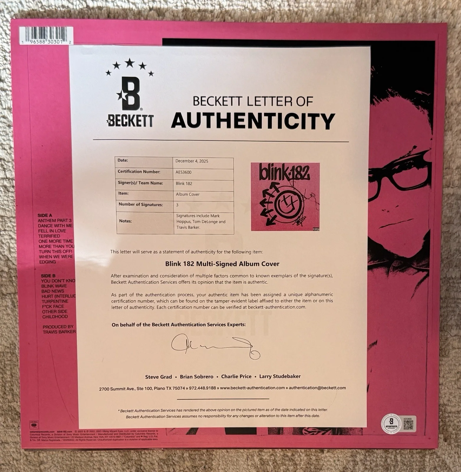 BLINK 182 SIGNED ONE MORE TIME COKE BOTTLE CLEAR VINYL LP - BECKETT LOA, изображение 3