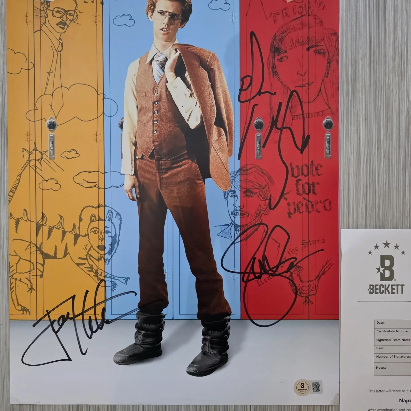 Jon Heder Efren Ramirez Jon Gries — Jon Heder Efren Ramirez Jon Gries Signed 12x18 Napoleon Dynamite Photo BAS LOA, image 2
