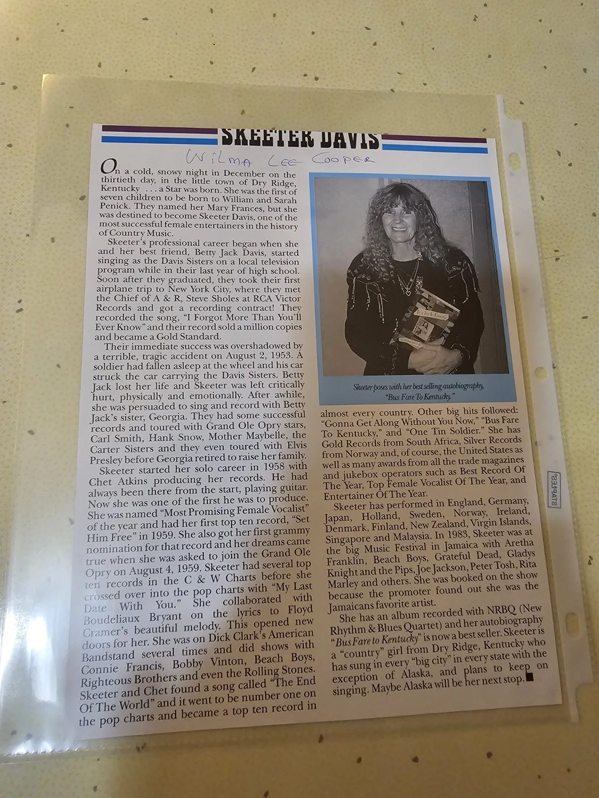 Vintage Wilma Lee Cooper Autographed Photograph Cut From Magazine, image 3