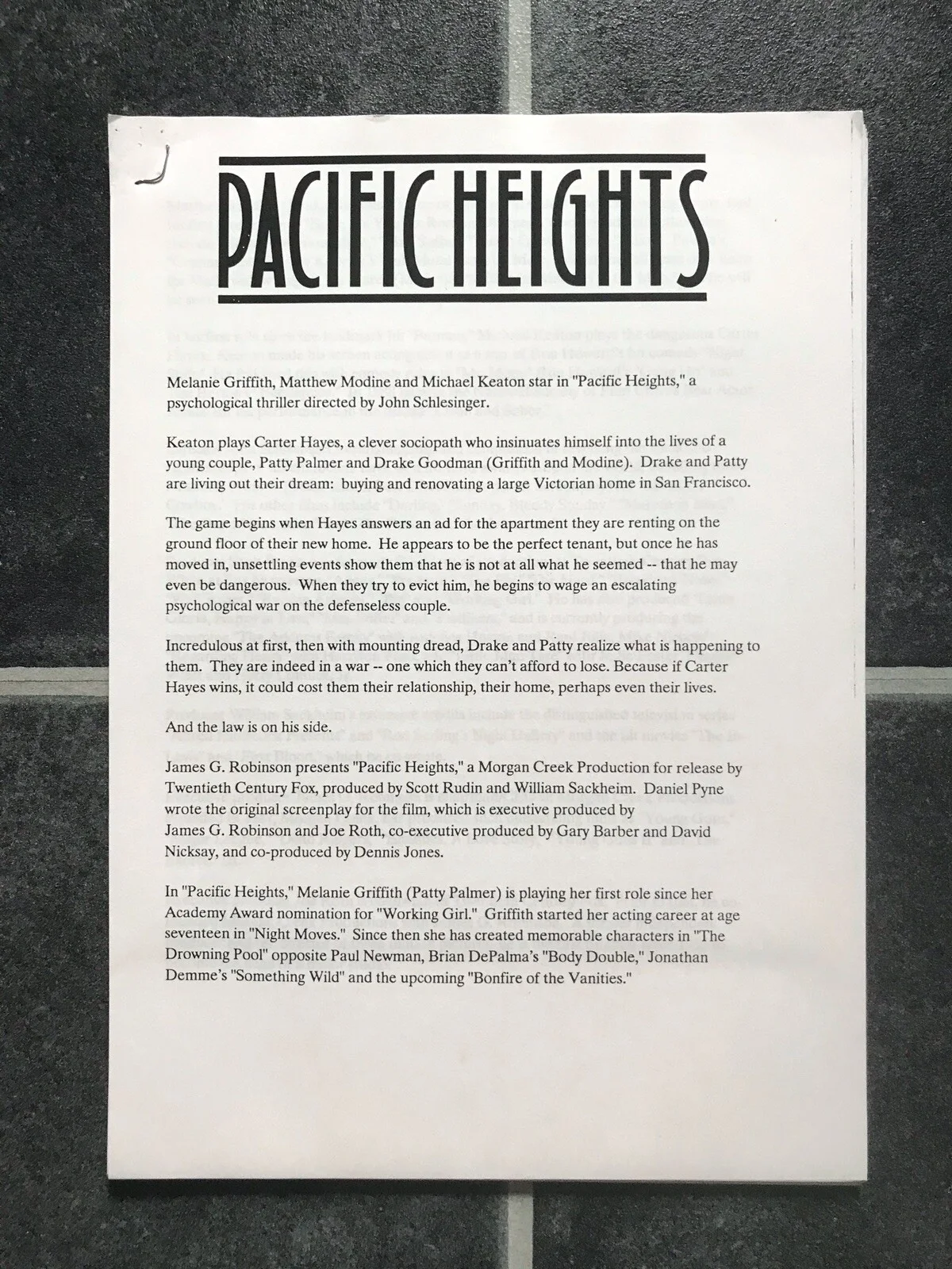 PACIFIC HEIGHTS Original 1991 Movie Press Kit MICHAEL KEATON MELANIE GRIFFITH, изображение 4
