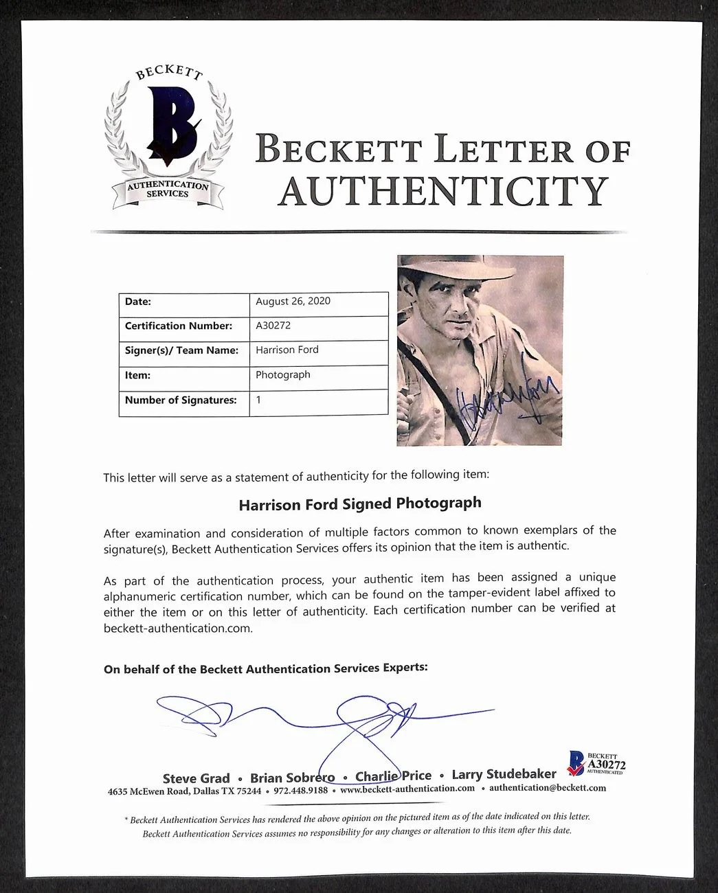 Harrison Ford Signed/Auto 8x10 B/W Photo "Indiana Jones" PSA/DNA/Beckett 200225, изображение 4