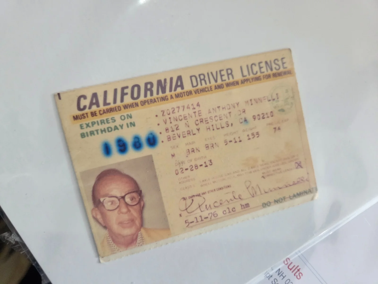 VINCENTE MINNELLI - Drivers License & extention - 1980-Liza Minnelli's Father, изображение 3
