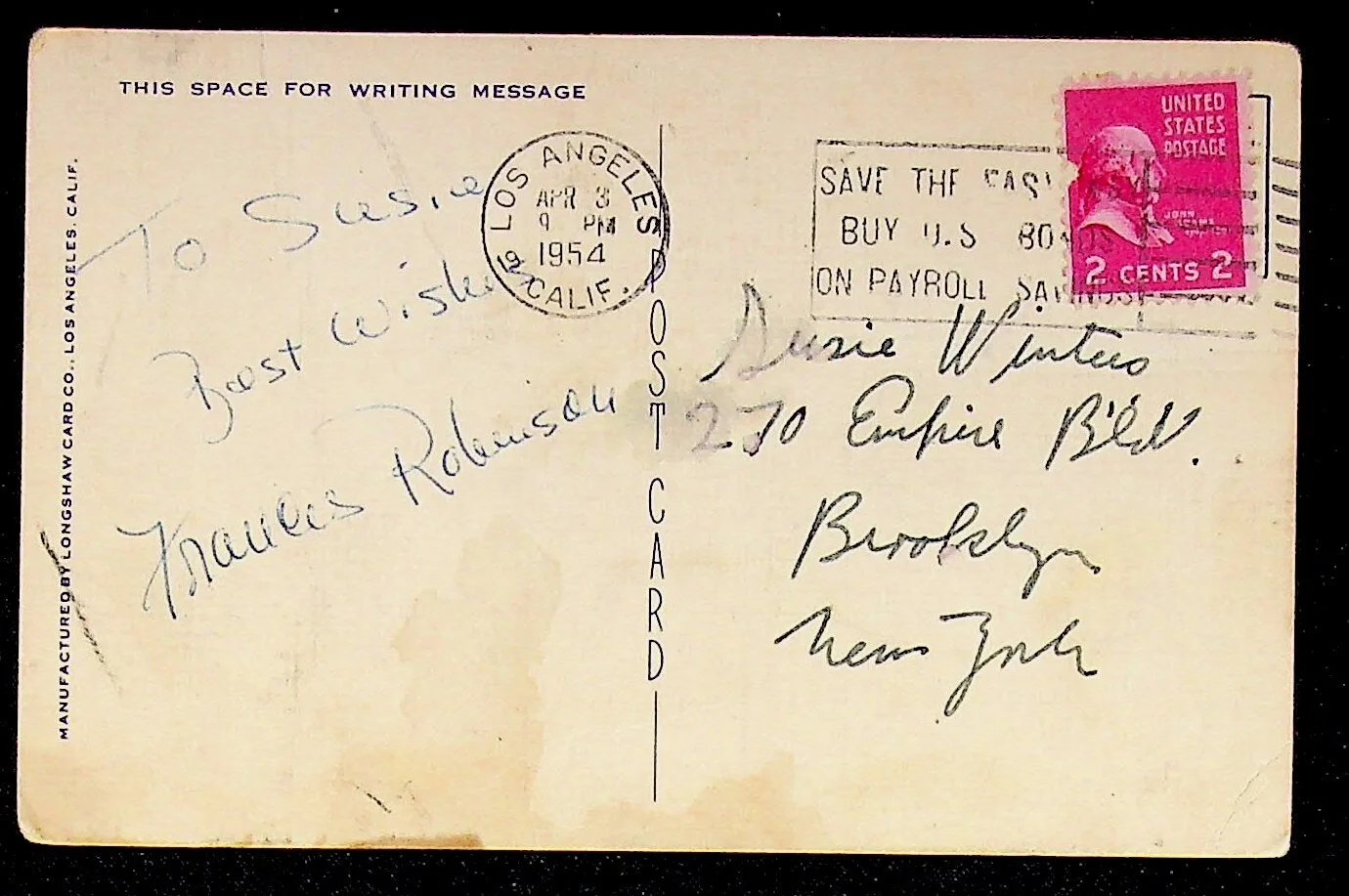 Frances Robinson — Frances Robinson Signed Postcard 1954 Autograph Actress Susan Winters, image 2