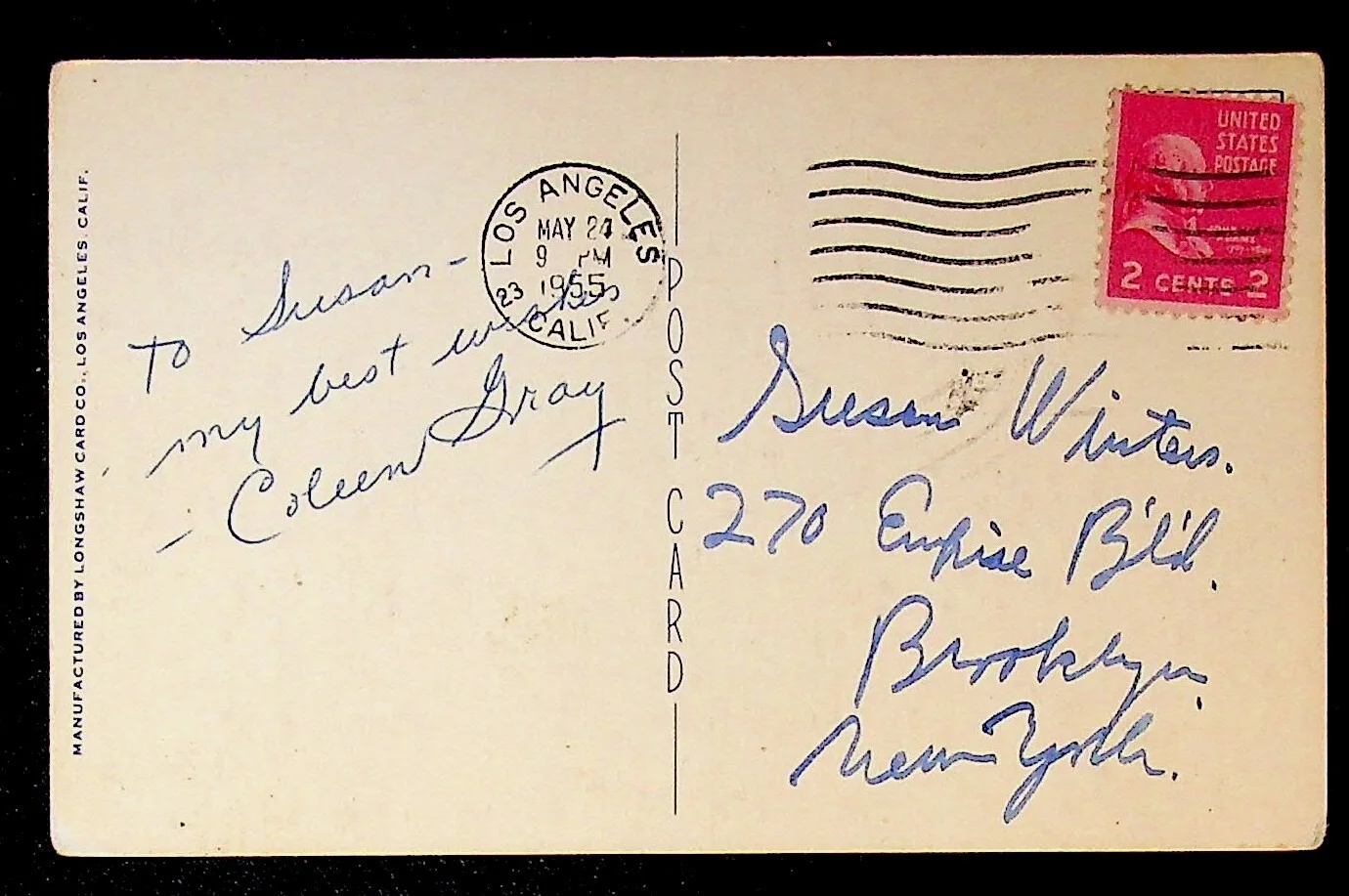 Anne Cornwall — Coleen Gray Signed 1955 Postcard Autograph to Young Future Actress Susan Winters, изображение 3
