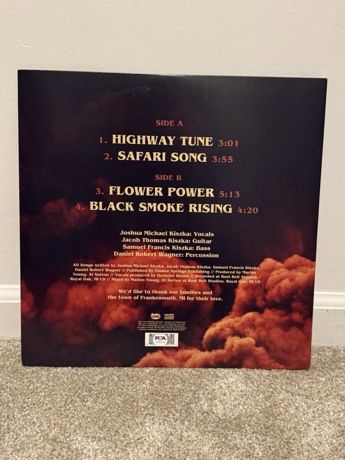 Jake Kiszka, Josh Kiszka, Sam Kiszka, Danny Wagner — Greta Van Fleet group signed Black Smoke Rising Vinyl - Full PSA, image 2