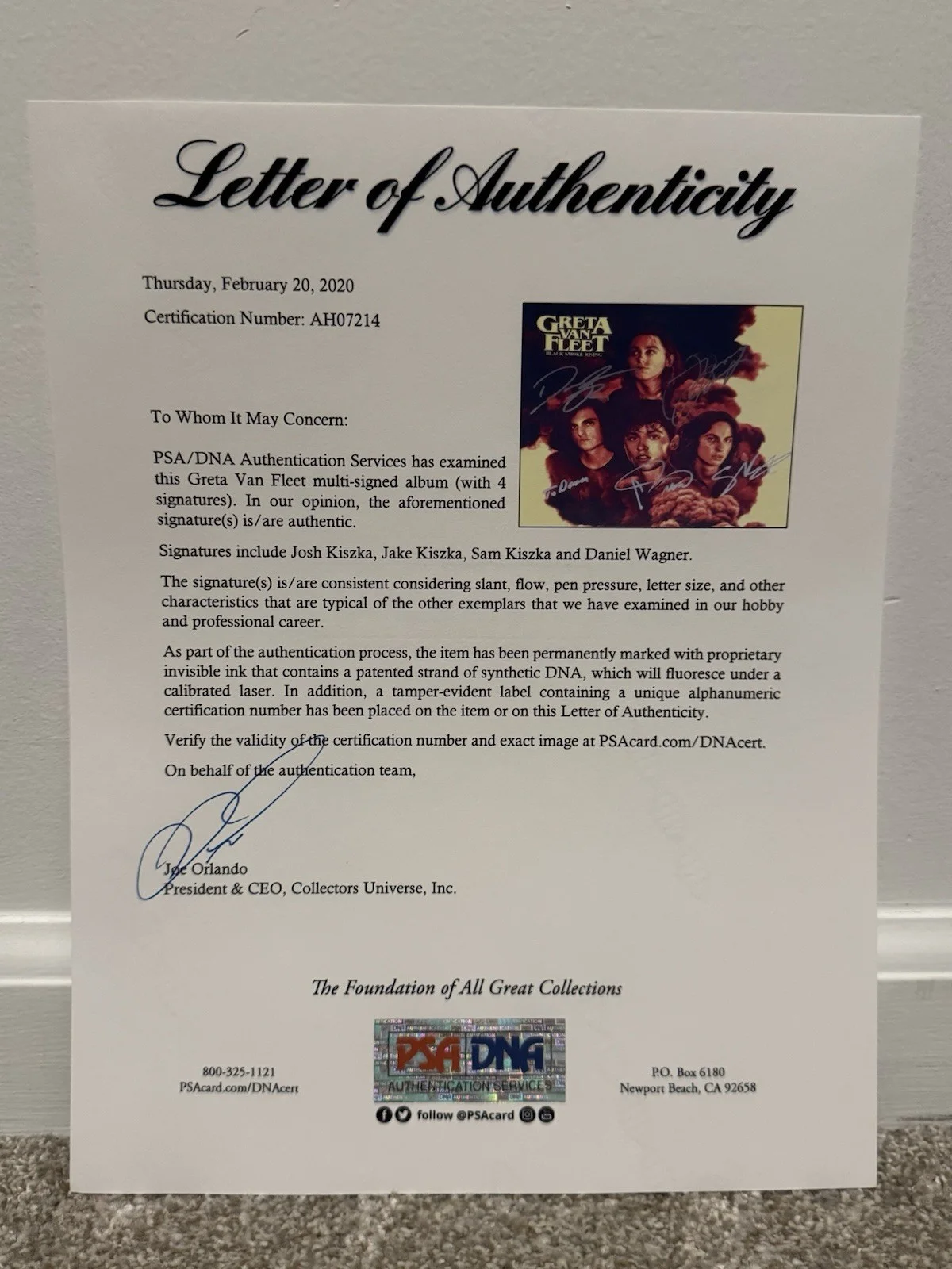 Jake Kiszka, Josh Kiszka, Sam Kiszka, Danny Wagner — Greta Van Fleet group signed Black Smoke Rising Vinyl - Full PSA, image 3