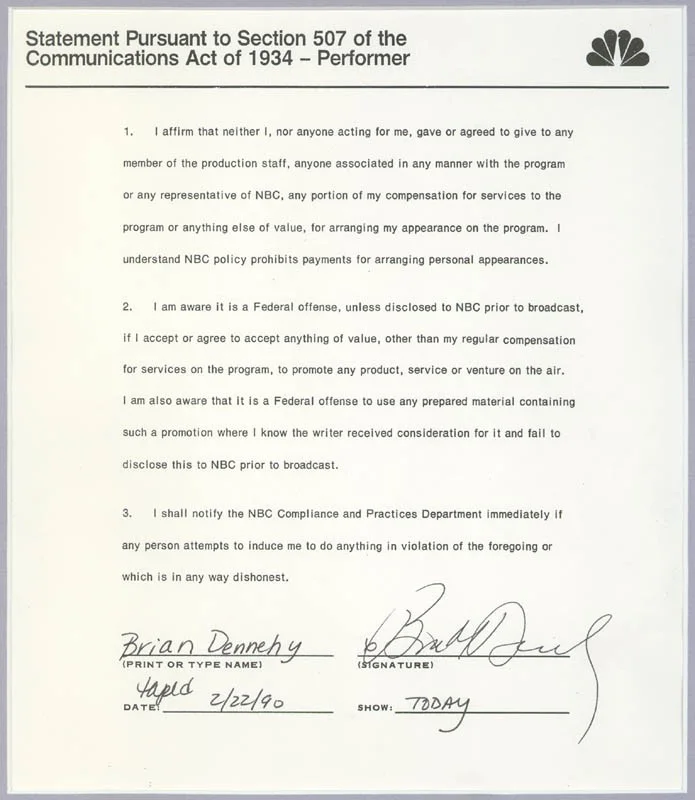 Brian Dennehy — BRIAN DENNEHY - DOCUMENT SIGNED 02/22/1990, изображение 2