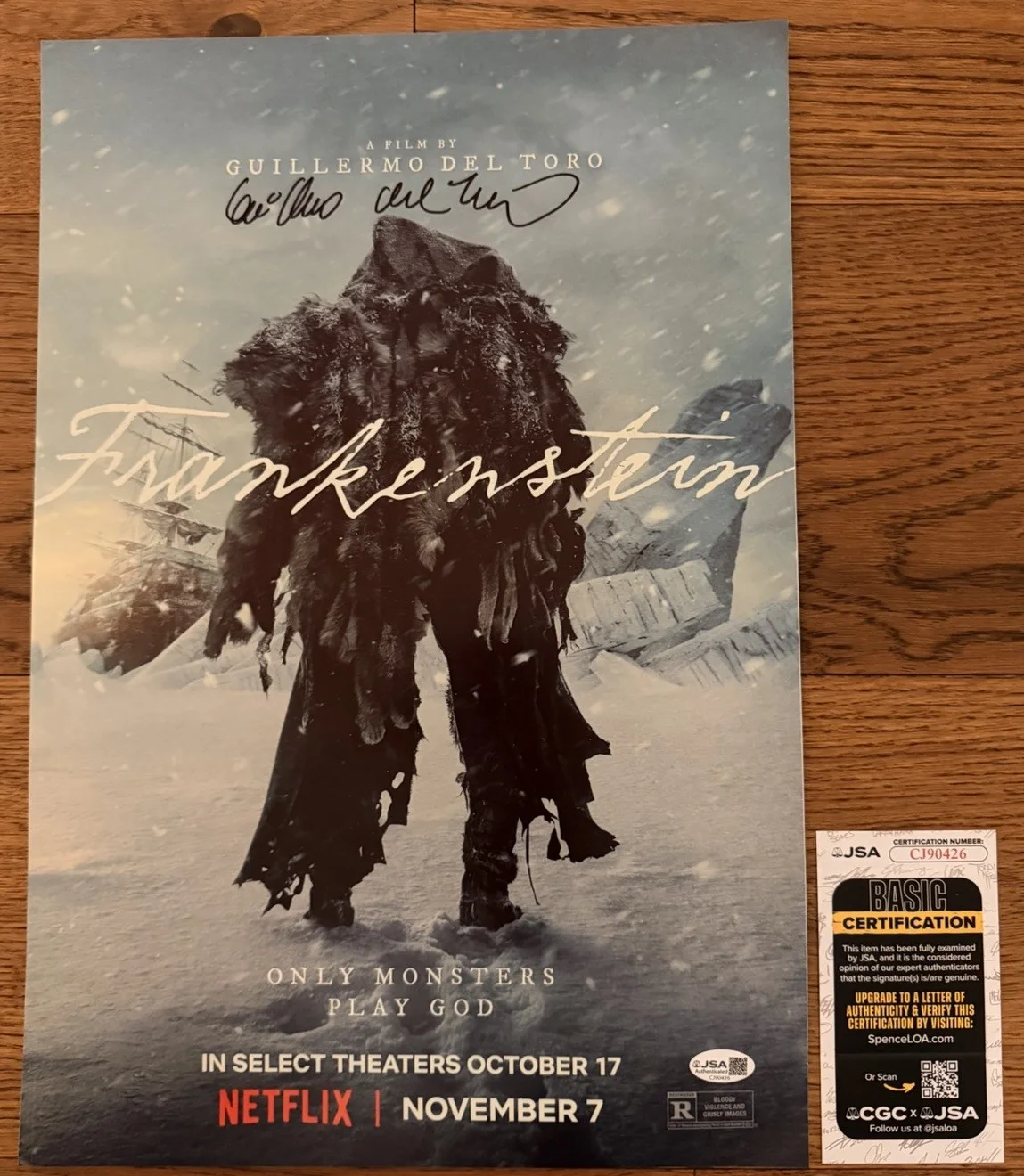 Guillermo Del Toro — GUILLERMO DEL TORO SIGNED AUTOGRAPH 12x18 FRANKENSTEIN POSTER PHOTO JSA COA