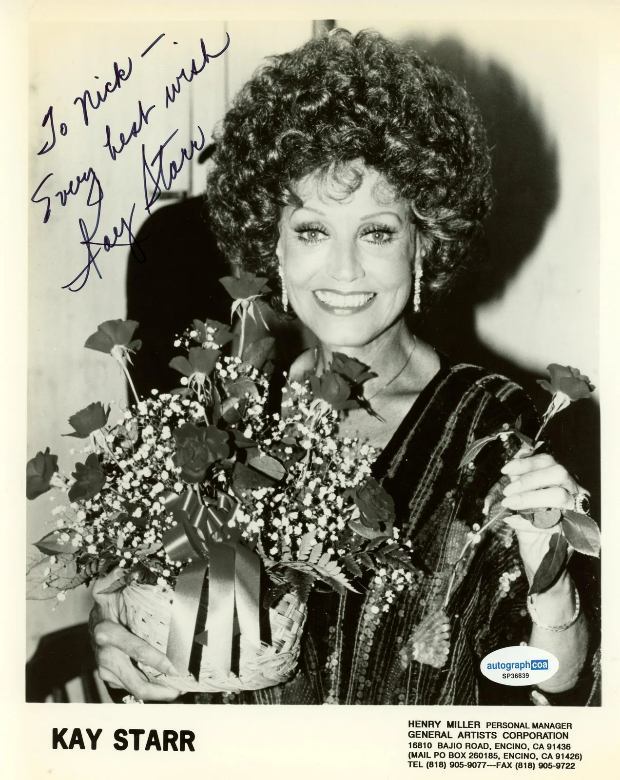 Kay Starr — Kay Starr "Wheel of Fortune" Singer AUTOGRAPH Signed 8x10 Photo 'To Nick' ACOA, изображение 2