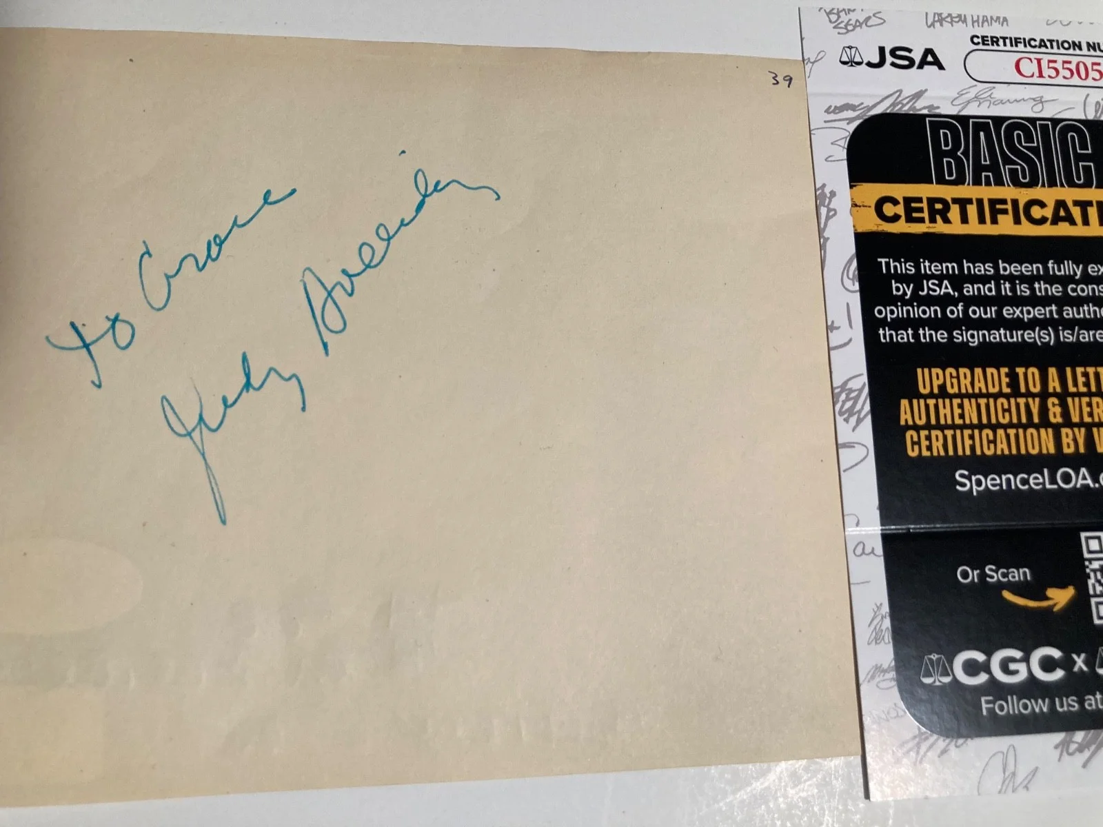 JUDY HOLLIDAY — JUDY HOLLIDAY signed 4.5x5 paper "ADAM'S RIB", "BORN YESTERDAY" JSA#CI55051
