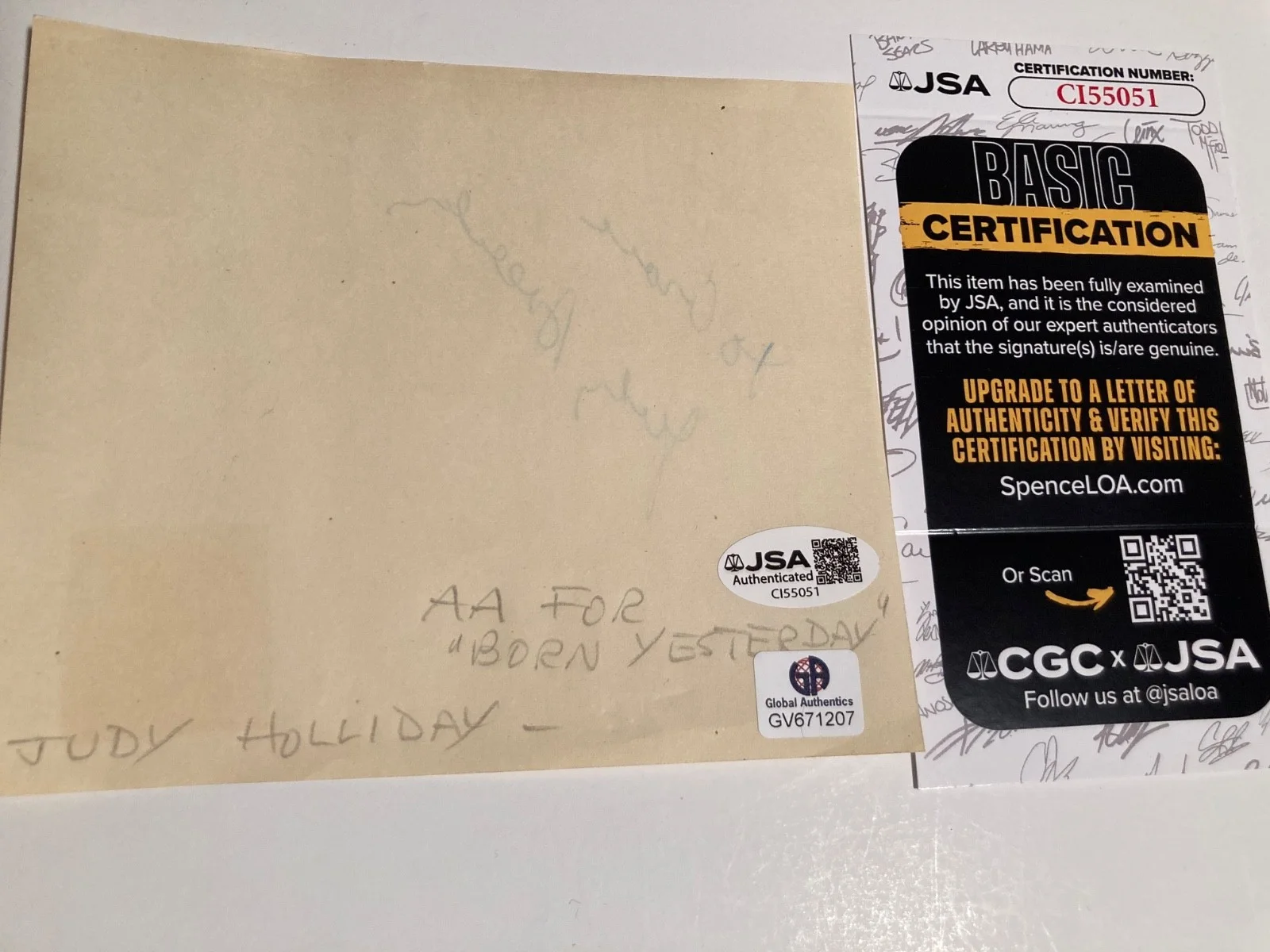 JUDY HOLLIDAY — JUDY HOLLIDAY signed 4.5x5 paper "ADAM'S RIB", "BORN YESTERDAY" JSA#CI55051, изображение 2