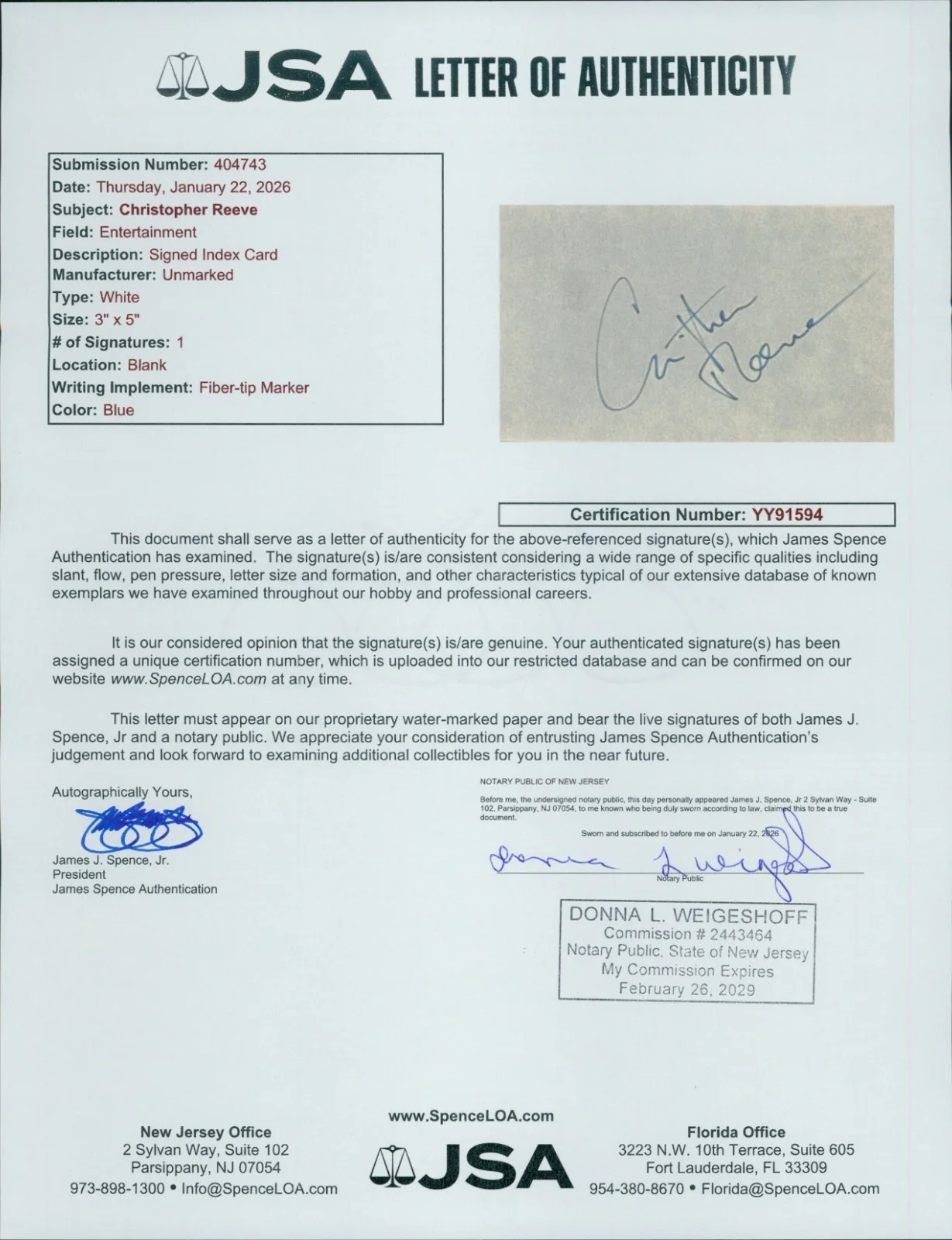 Christopher Reeve — Christopher Reeve Actor Signed 3x5 Index Card JSA Authenticated, image 3