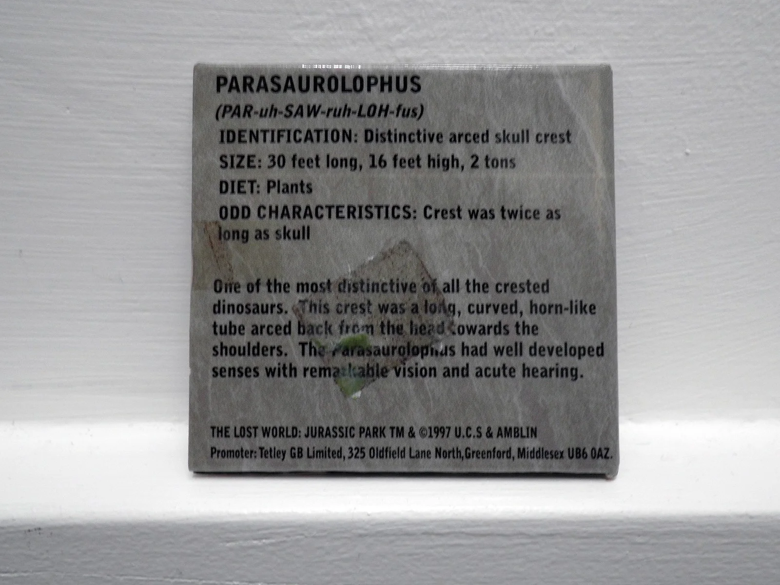 JURASSIC PARK LOST WORLD COIN NO. 5 PARASAUROLOPHUS, TETLEY 1997, GOOD CONDITION, изображение 2